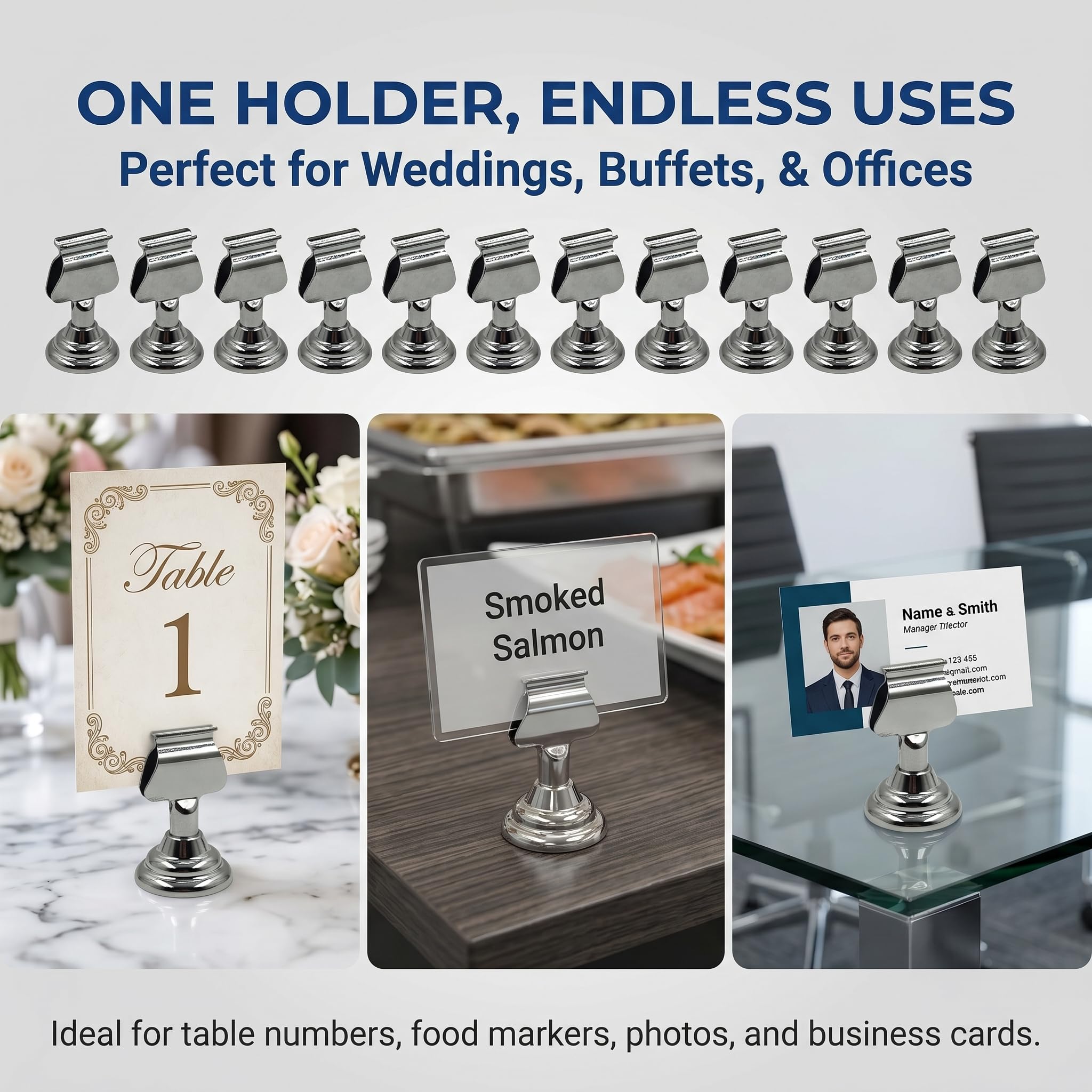 12 Piezas Soportes para Números de Mesa para Bodas, Portatarjetas Metálicos Plateados, Portanombres y Portafotos para Eventos, Bodas de Oro y Plata, Restaurantes y Fiestas