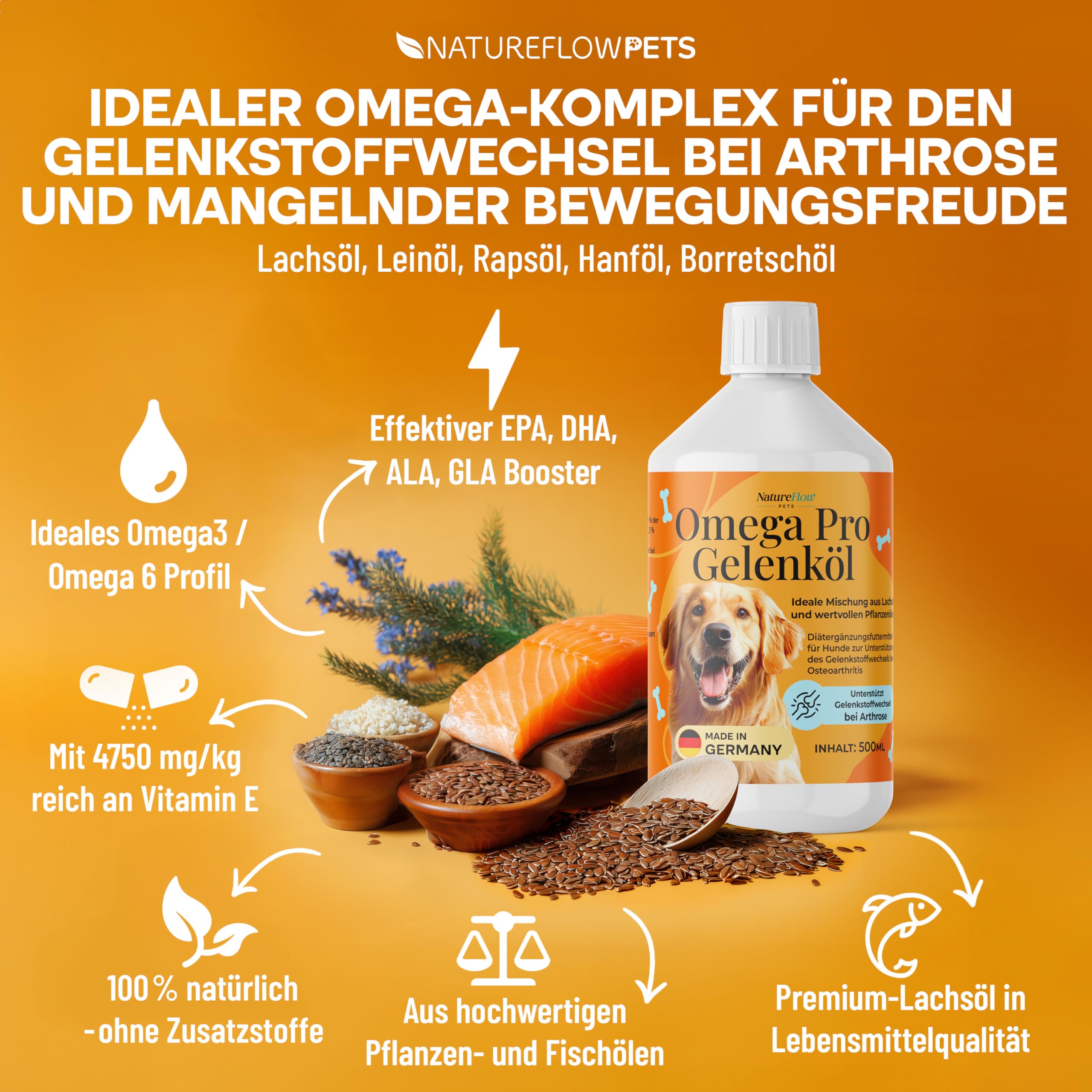 Omega Pro Gelenköl für Hunde 500ml – Lachsöl Mix mit Leinöl, Hanföl & Borretschöl – Omega 3 & 6 Fischöl für Gelenkstoffwechsel bei Arthrose – für Haut & Fell – Made in Germany
