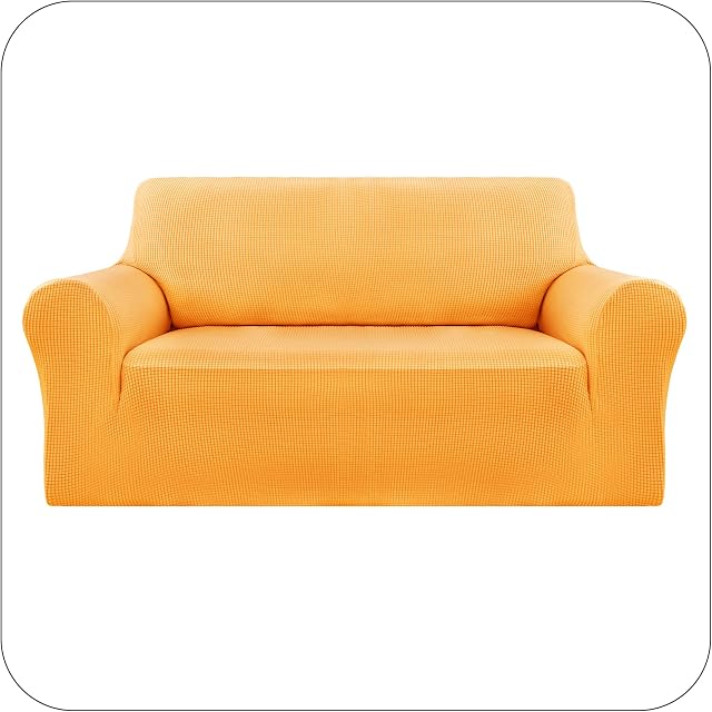 Amazon Brand - Umi Velvet 2 Seater Sofa Cover Stretch Slipcovers Small Checks Polyester Non-Slip Spandex Fabric Sofa Fabric Protector Couch Cover Two Seater, Yellow