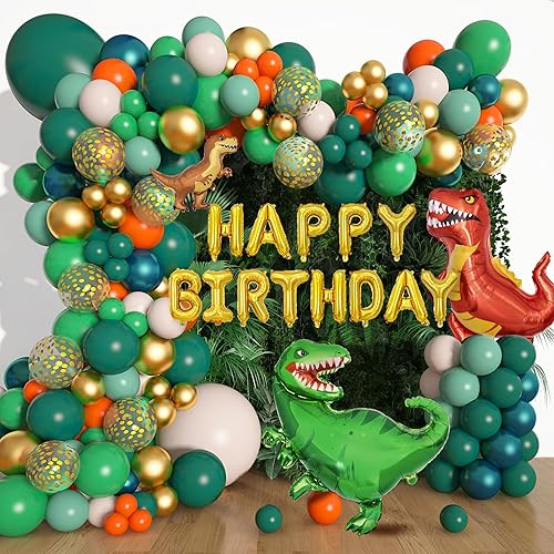 Amandir Kit de guirnalda de arco de globos de dinosaurio de 165 piezas, color verde salvia y naranja, 6 globos de aluminio de dinosaurio, globos de