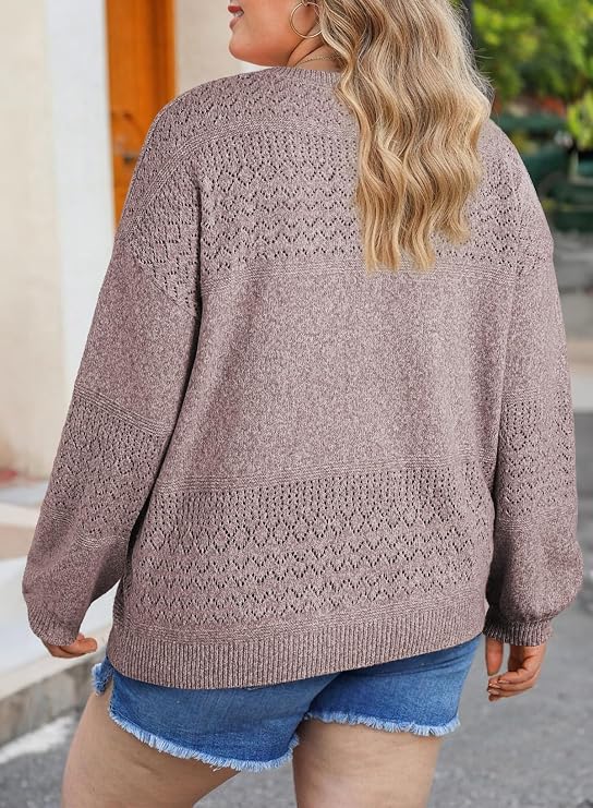 Eytino Womens Plus Size Sweater Casual Long Sleeve V Neck Crochet Knit Lightweight Pullover Sweater Tops(1X-5X)