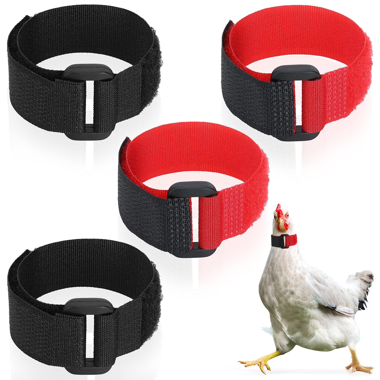 PROUSKY 4 Pieces Rooster Collar, No Crow Adjustable Chicken Collar Anti Hook Neck Nylon Belt Noise Free Neckband for Pet Chickens Prevent Chickens from Screaming Disturbing Neighbors (Black, Red)