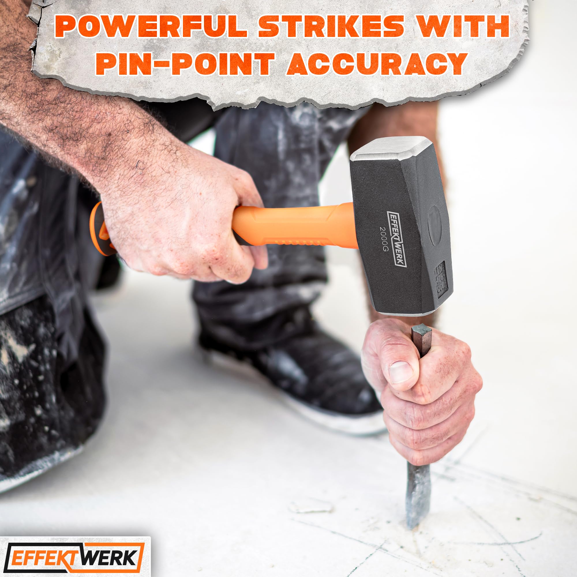 EffektWerk, Club Hammer, 2 kg / 4.4 lb, Heavy-Duty Sledgehammer w/ 24 cm Shock Absorbing Fibreglass Rubber Handle - Image 2