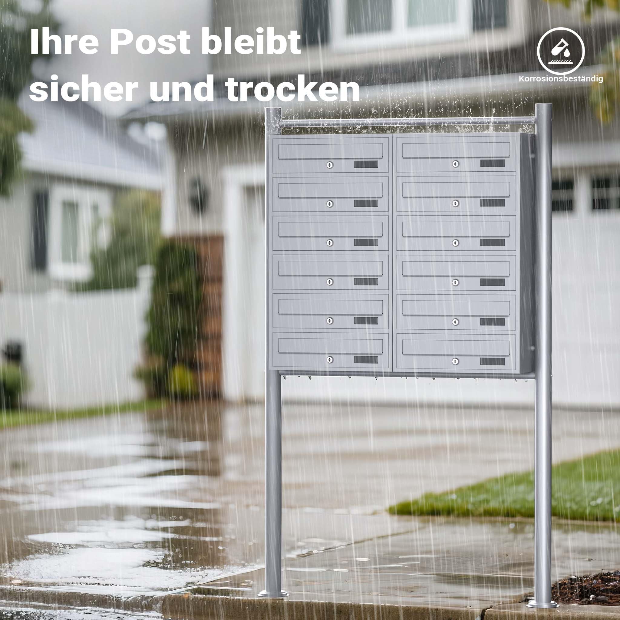 Wiltec 12er Briefkastenanlage silberfarben 945 x 270 x 1500 mm, Standbriefkasten mit 2x6 Fächern, Schlüssel und Namensschild, Briefkasten Postkasten mit Ständer