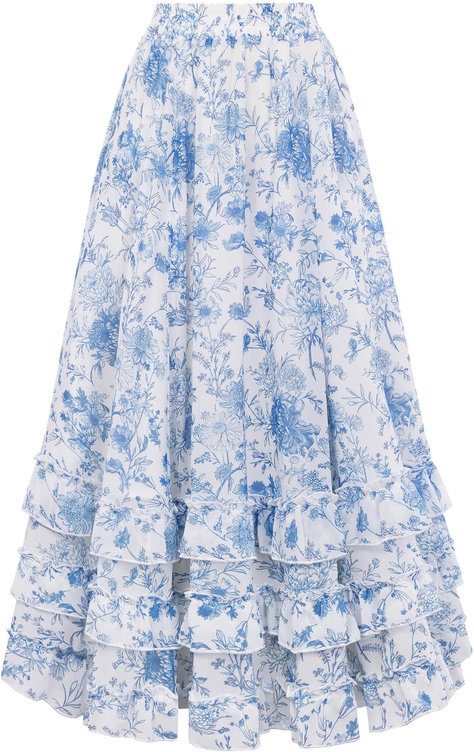 Maxi Skirts for Women Floral Chiffon Elastic High Waist Flowy Ruffle Long Skirt with Pockets