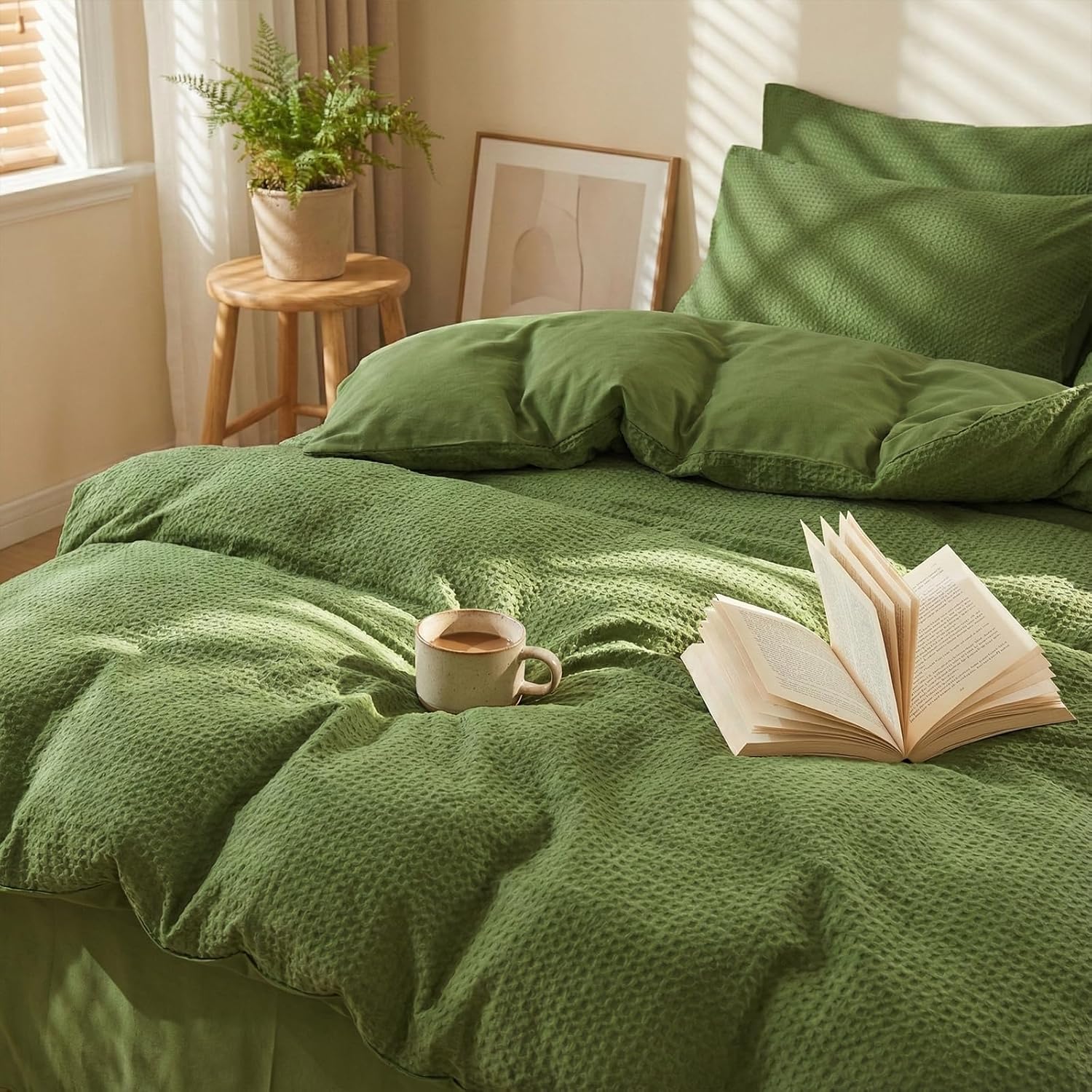 100% Cotton Duvet Cover Cotton Waffle Weave Bedding, 3 Piece Ultra Soft Luxury Textured Breathable Duvet Cover + 2 Pillowcases Olive Green (No Comforter Queen (90''x90'')