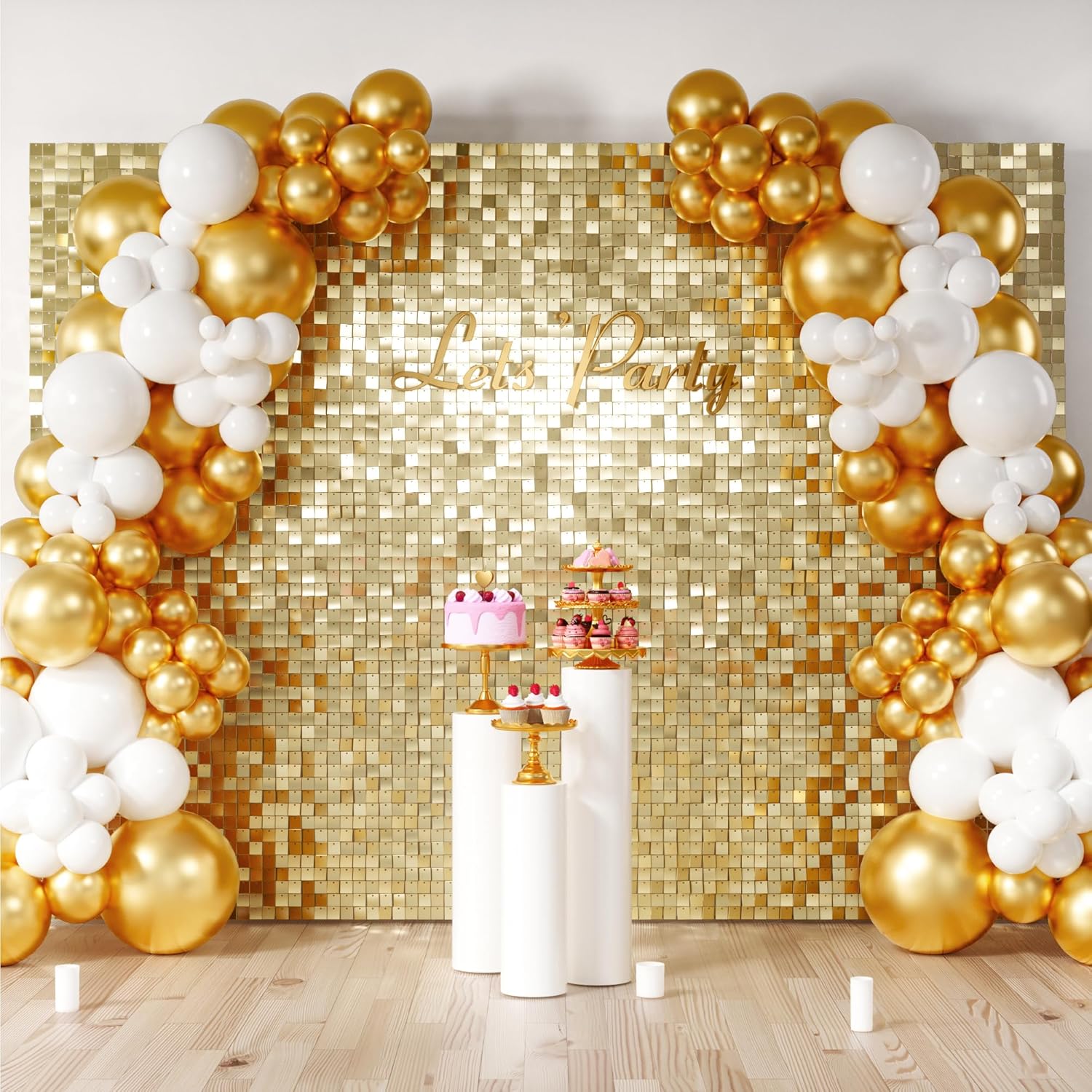 COKAOBE Light Gold Shimmer Wall Backdrop, 48PCS Square Sequin Shimmer Backdrop Panel, Photo Backdrops for Birthday, Anniversary, Wedding, Graduation & Bachelorette Party Decoration