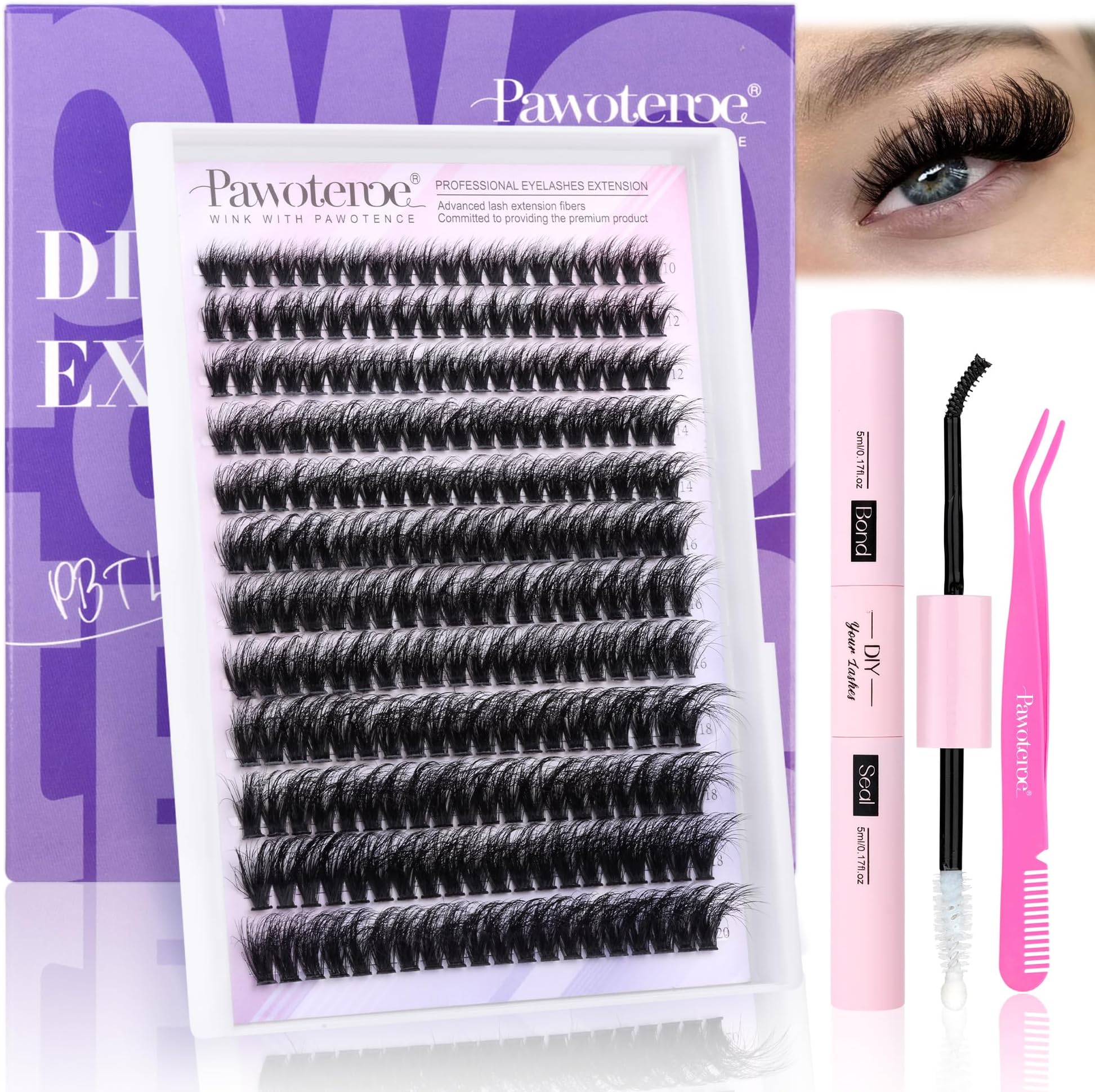 Lash Extension Kit Lash Clusters 80D Full DIY Cluster Eyelash Extension Kit 10-20mm Individual Lashes Mink with Lash Bond and Seal, Lash Tweezers for Self Application (Mink 80D,10-20mm, Kit)