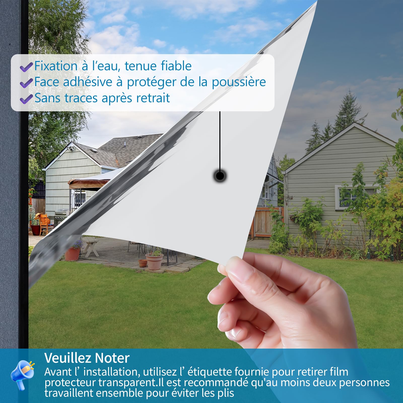 Film Fenetre Anti Regard sans Colle Anti Chaleur Effet Miroir sans Tain Brise Vue Anti UV 44.5x200cm
