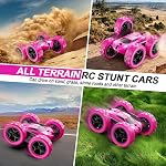 QUNREDA Télécommande pour les enfants 4WD Double face 360° Stunt Voiture phares Tous les pneus de terrain Batterie modulaire Cadeau 6-12 ans Anniversaire RC Voitures Filles Jouets Rose