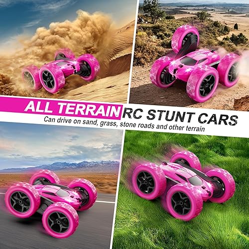 Miniatura 5 de Coches de control remoto de rosas para niñas, 2.4 GHZ, auto de acrobacias RC de doble cara, giratorio de 360°, control remoto con faros, juguetes
