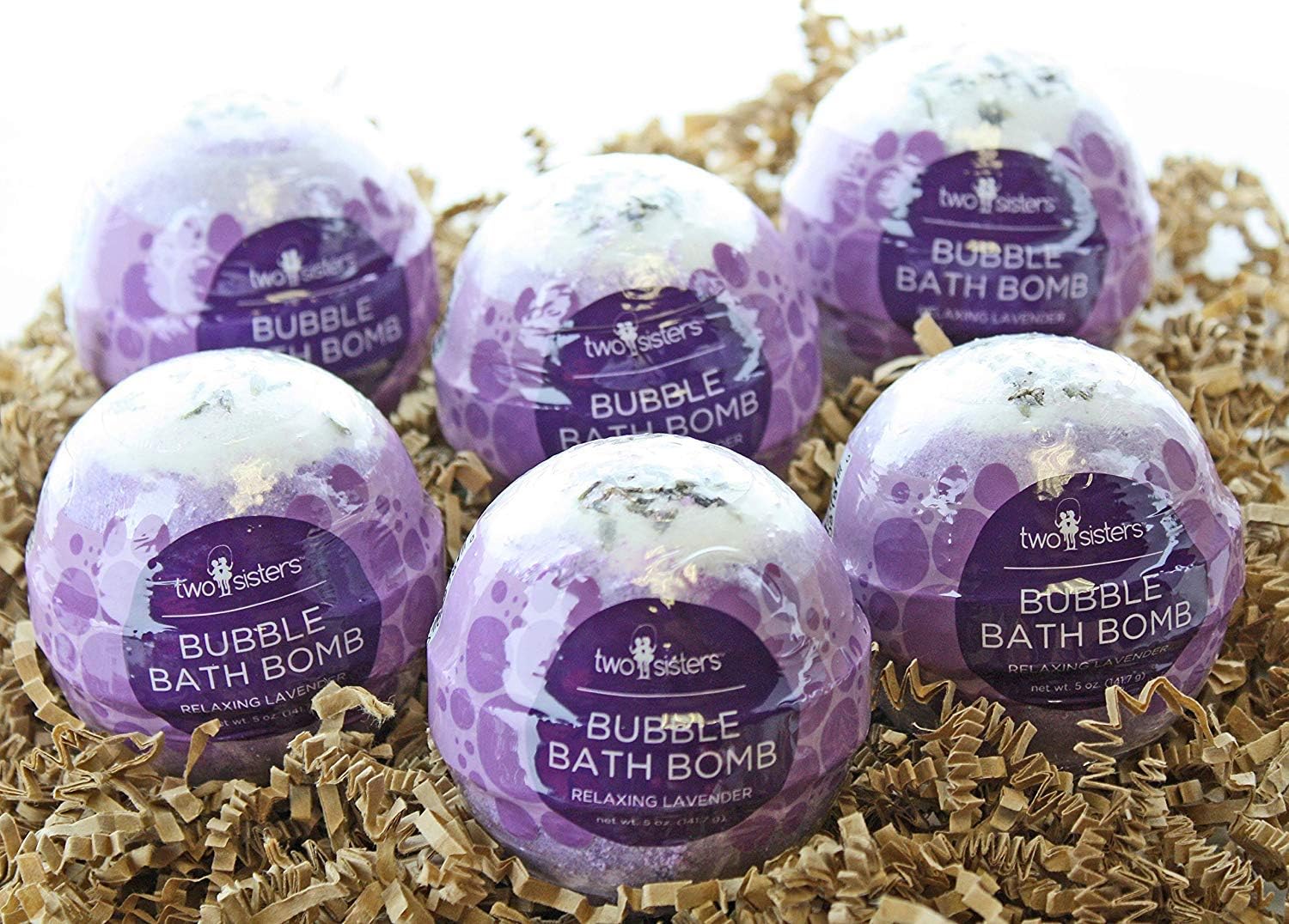 6 Relaxing Lavender Bubble Bath Bombs by Two Sisters Spa. 6 - 5oz Large 99% Natural Fizzies for Women, Teens and Kids. Moisturizes Dry Sensitive Skin. Releases Color, Scent, and Bubbles.