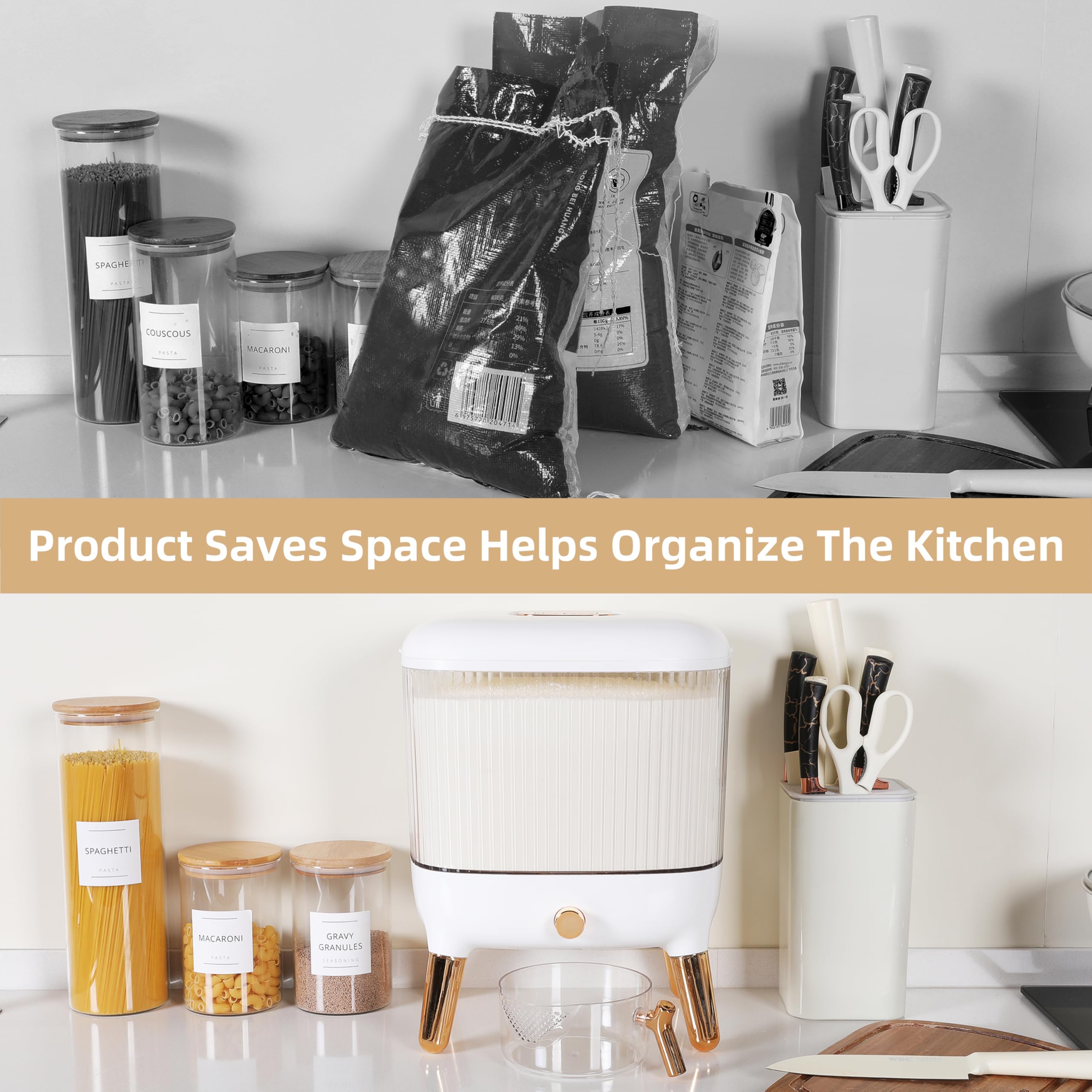 Rice Dispenser 25 Lbs - Flour and Rice Container - Space Efficient Food Dispenser for Organized Storage - Save Time & Effort with Easy Dispensing - Stylish Countertop Solution