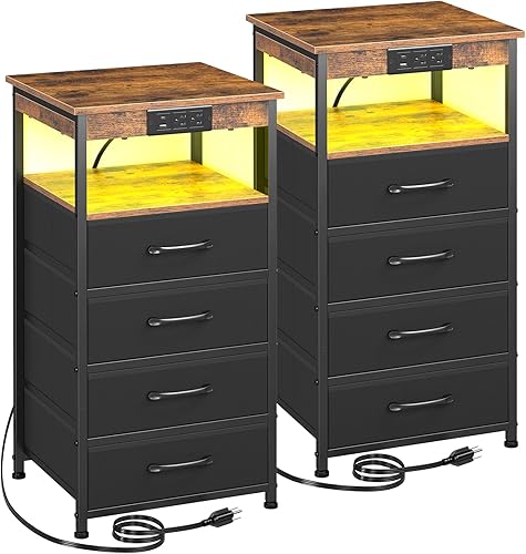 LOAKEKEL Juego de 2 mesitas de noche, mesita de noche alta con estación de carga, mesas auxiliares grandes con puertos USB C y 2 tomacorrientes,