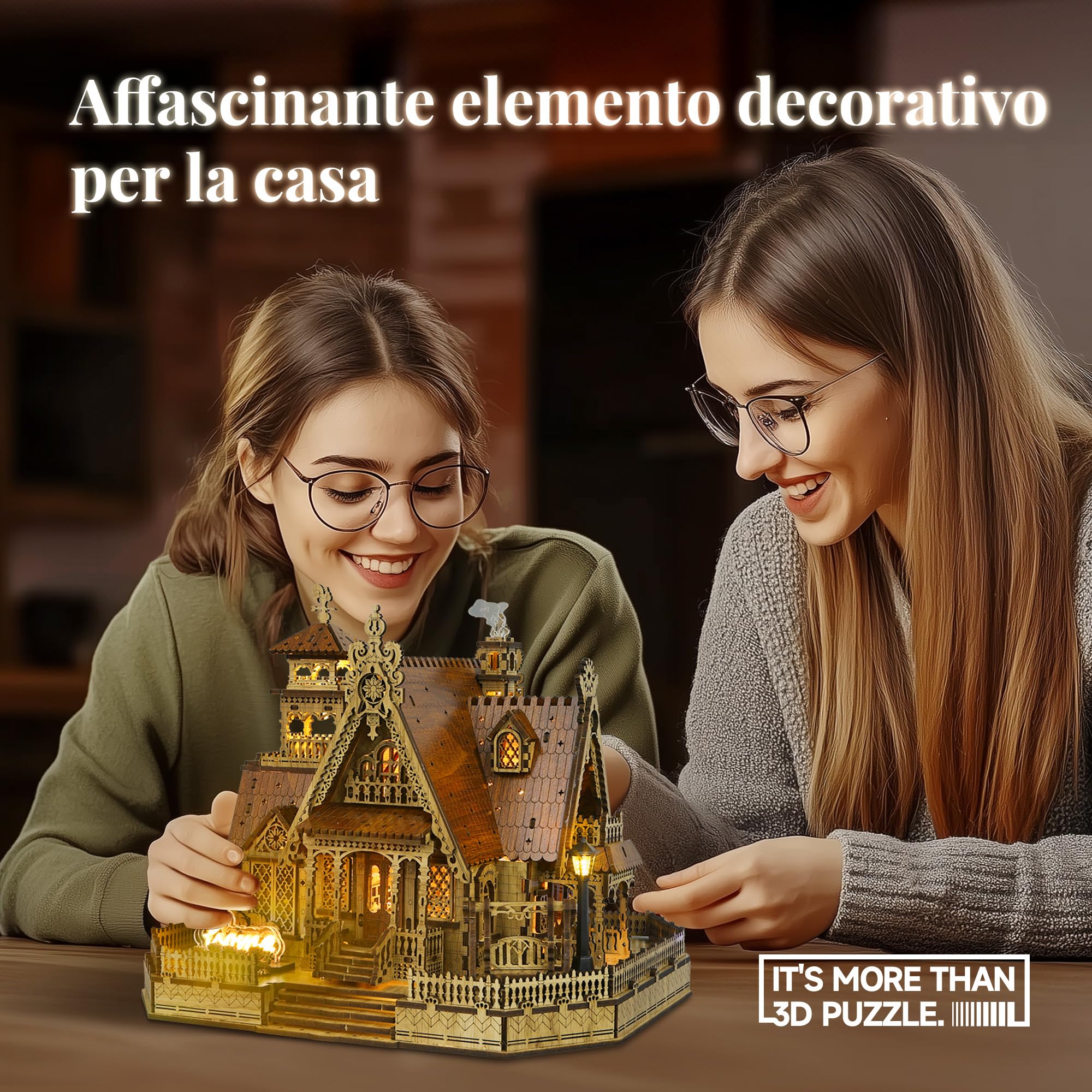FUNPOLA LED 3D Puzzle di legno Modello di casetta di campagna - Kit di costruzione in miniatura fai-da-te con luci a LED - 3D Craft Architettura rurale Home Décor Regalo per adulti