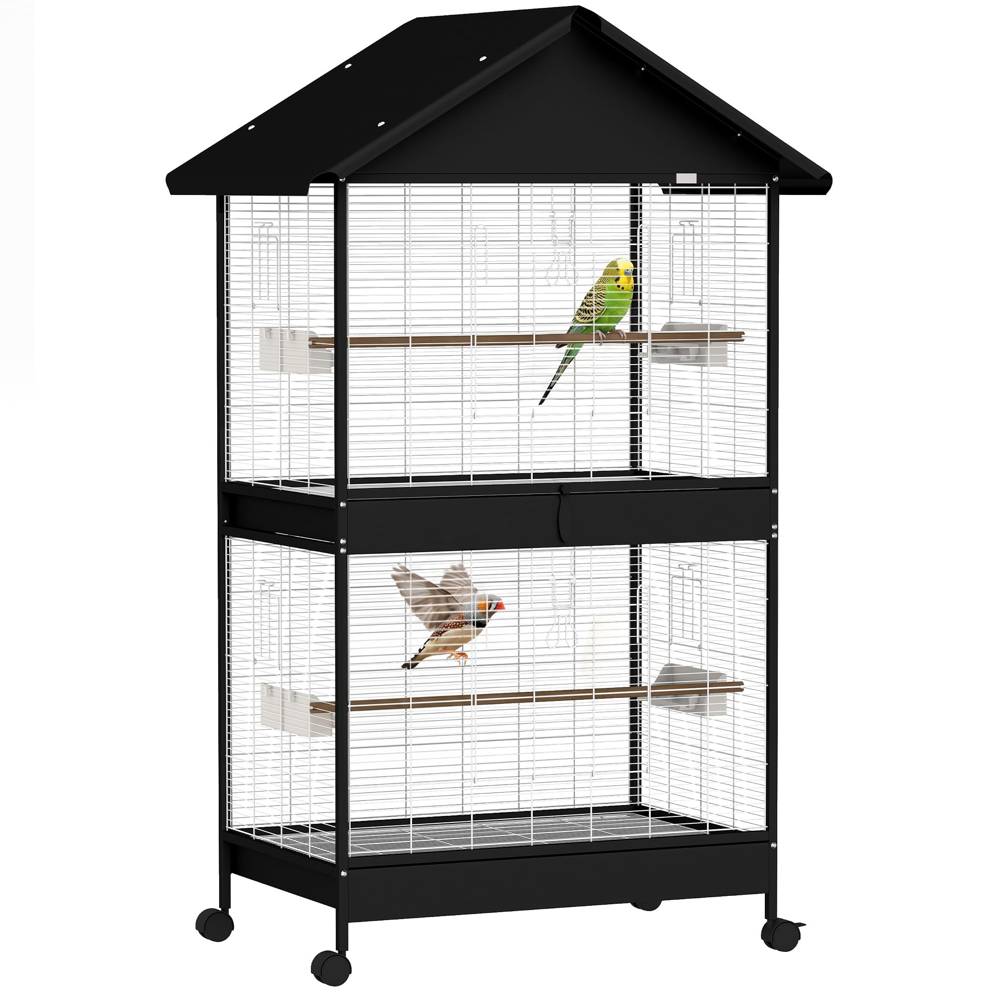 PawHut Pajarera con separador extraíble para canarios, 94 x 70 x 158 cm | Jaula grande para pájaros, 2 puertas, 2 barras de madera, ruedas, 2 cuencos, 4 comederos, comedero XXL, para periquitos