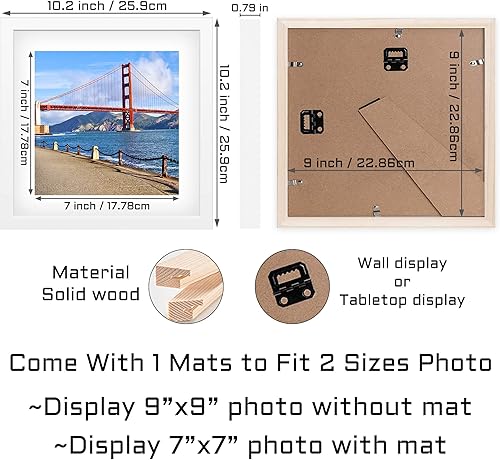 Vista 110 de Marco de fotos de madera de 9 x 9 pulgadas para colgar en la pared o en la mesa, marcos de fotos cuadrados con 1 paspartú de 7 x 7 pulgadas