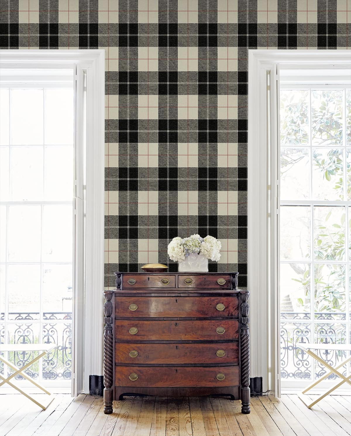 NextWall Altarinda Plaid Peel and Stick Wallpaper (Blacksmith & Red)