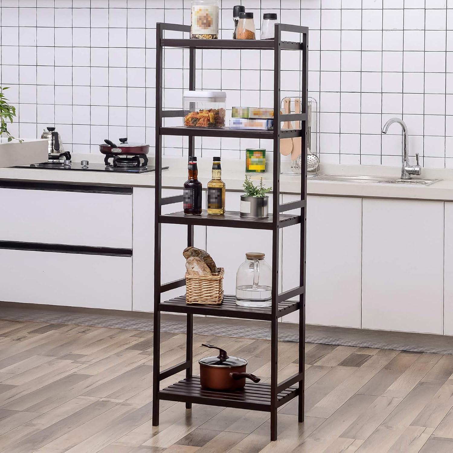 SONGMICS Adjustable Storage Shelf Rack, 5-Tier Multifunctional Shelving Unit Stand Tower, Bookcase for Bathroom Living Room Kitchen 17.7 x 12.4 x 55.9 inches, Holds up to 132 lb, Brown UBCB75BR