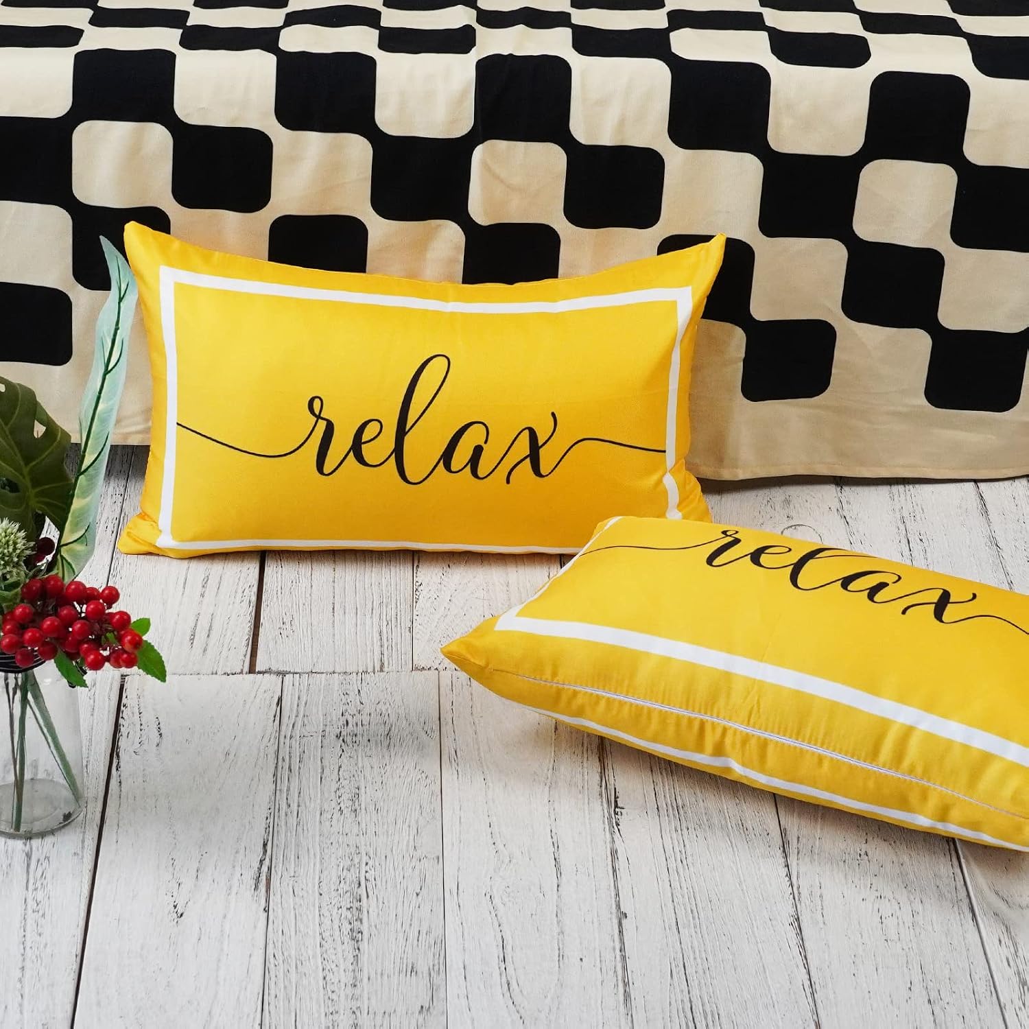 ONWAY Outdoor Waterproof Throw Pillow Covers 12x20 Set of 2 Yellow and White Relax Decorative Pillowcase for Patio Furniture Garden Couch Tent Balcony