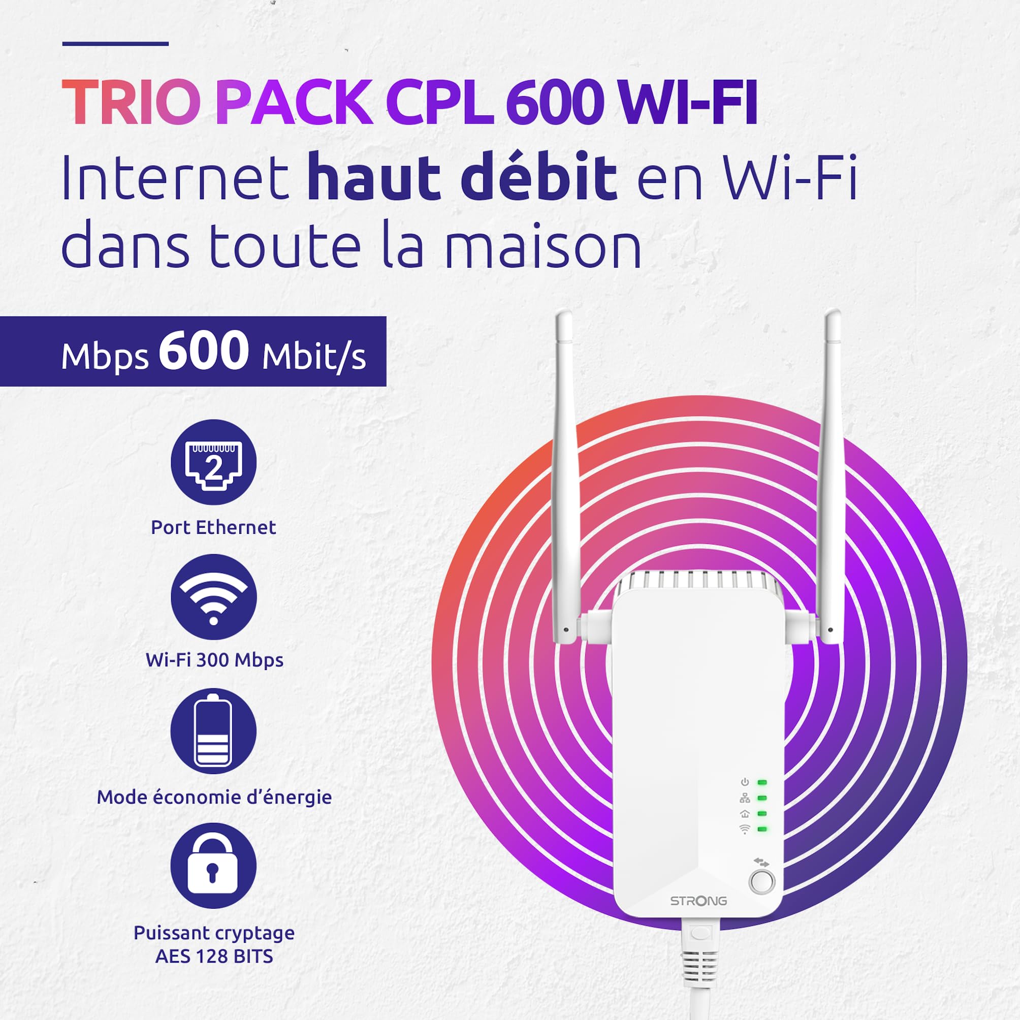 PLWF600TRIFRV2 Strong CPL 600 Mbps | Pack de 3 | Prise filtrée | Port Ethernet | Compatible boxs Internet | Idéal Multi TV | Streaming HD | Prêt à l'emploi | Garantie 4 Ans