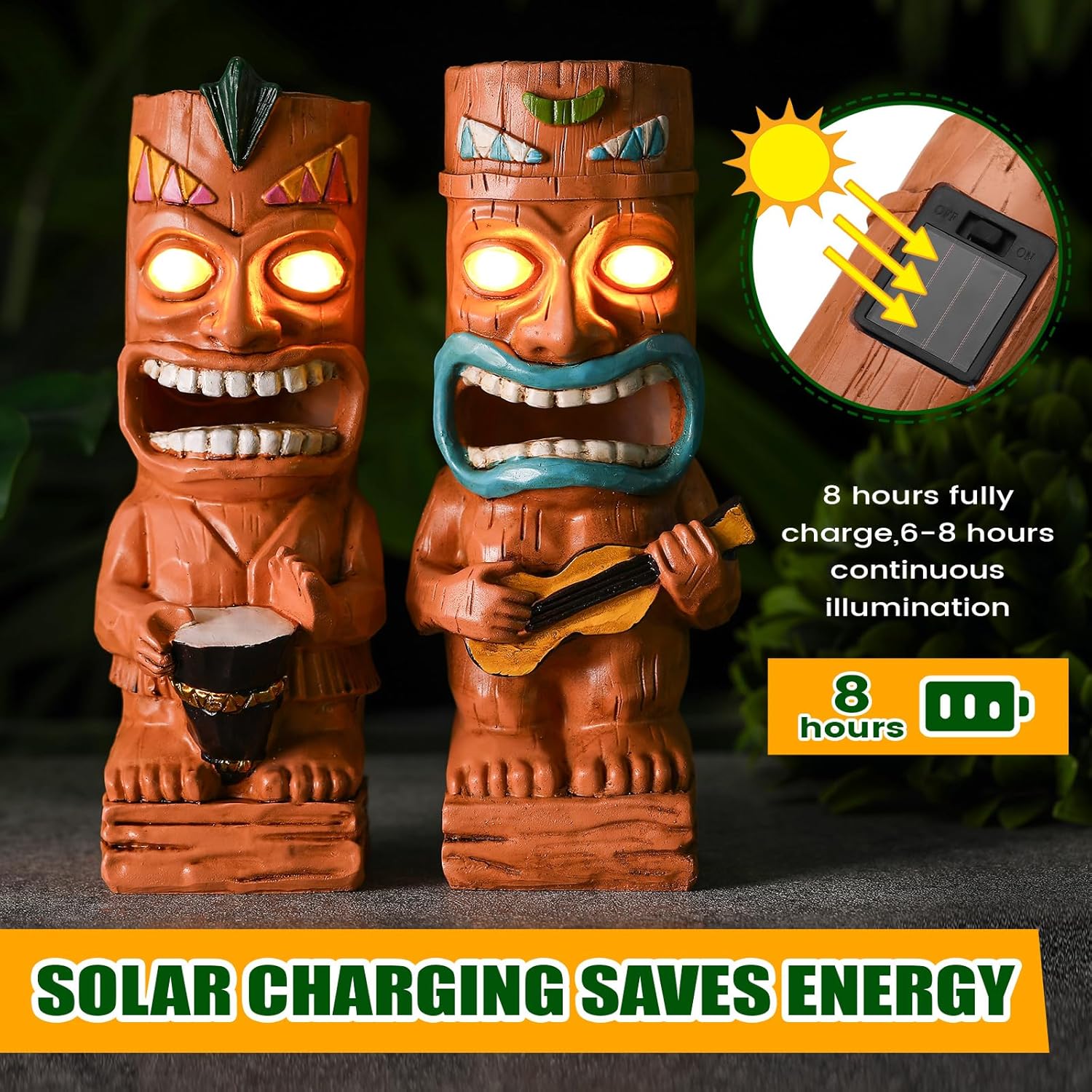 Suzile 2 Pcs Solar Tiki Statues for Outdoor Decor 9.84 Inch Tiki Bar Decorations Statues with Flickering Eyes LED Light Solar Sculpture Decor for Bar Lawn Yard Garden Gifts