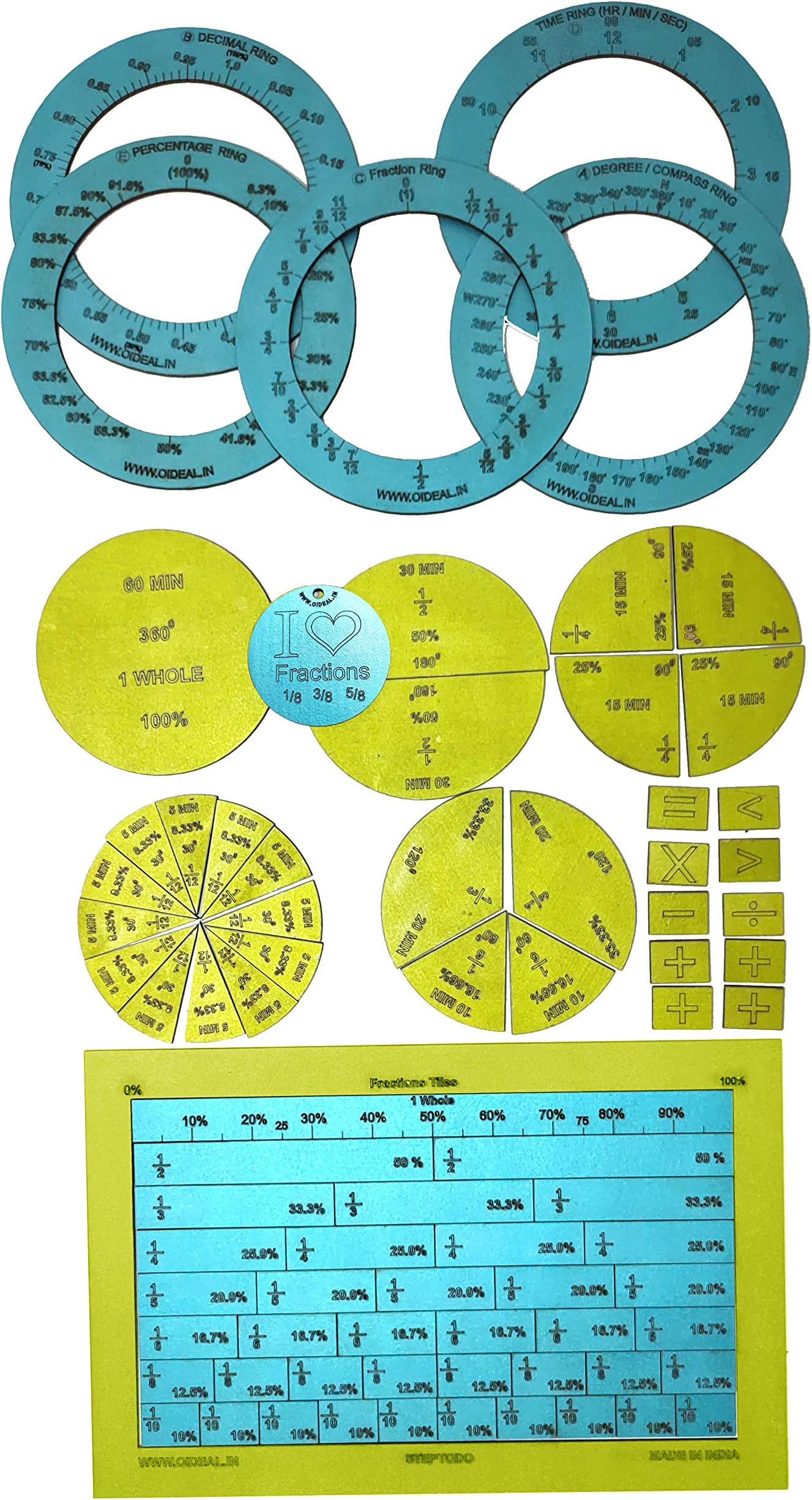 Children Advanced Fraction Teaching Kit,Includes Fraction Tiles,Circles And Rings Set,Includes 78 Pieces. Teach Fraction Concepts &Operations. Joyful&Meaningful Educational Kit.,Multicolor