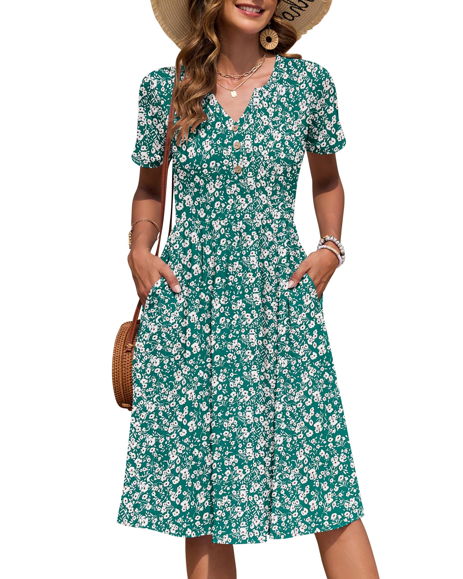 AUSELILY Women's Summer Short Sleeve Midi Dresses V Neck Empire Button Knee Length Dress with Pockets Green Flower XXL