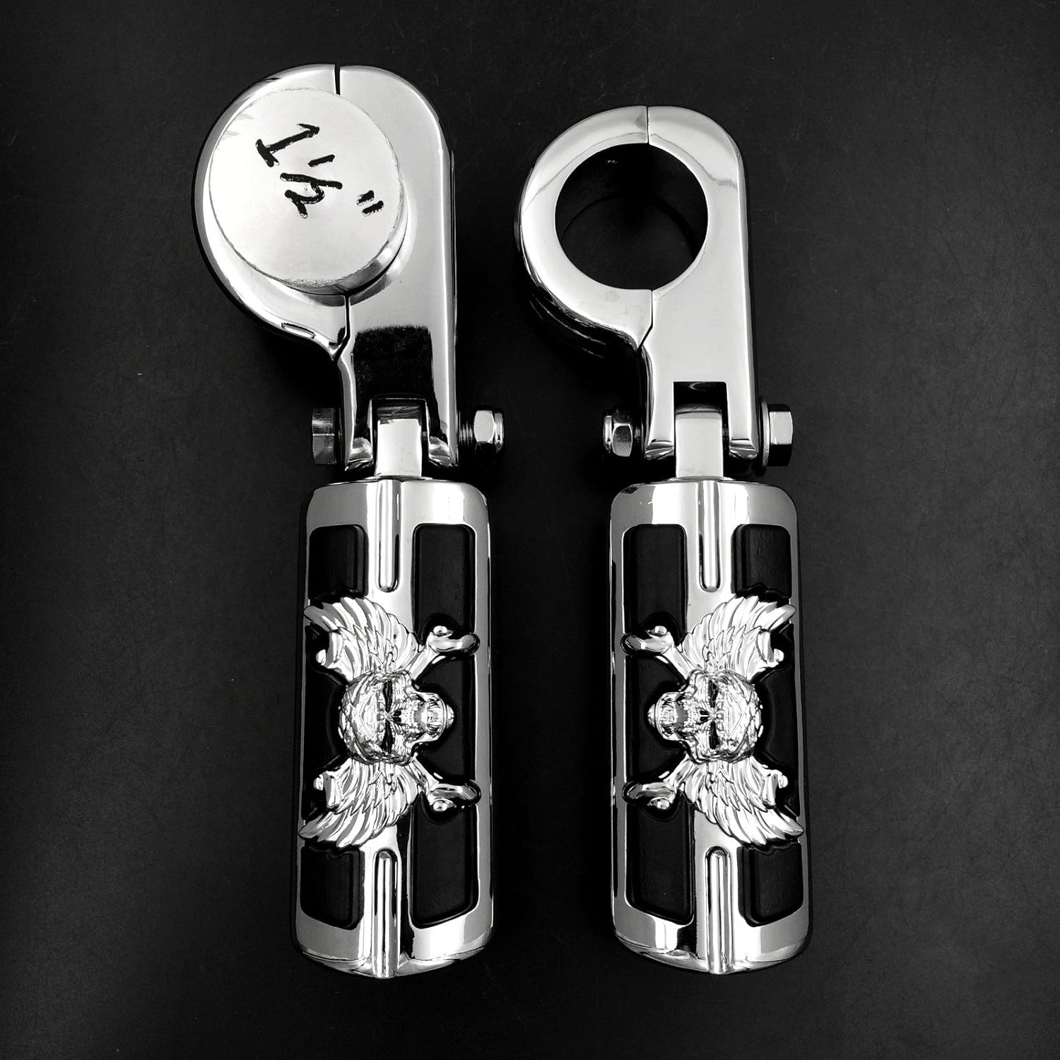 XKMT-Wing Skull Zombie Shape Rider 1 1/2" Stiletto 4475 Foot Peg P-Clamps Compatible With Shadow ACE Magna Valkyrie Chrome Body Black Rubber Quality Product [B013OWDWKK]