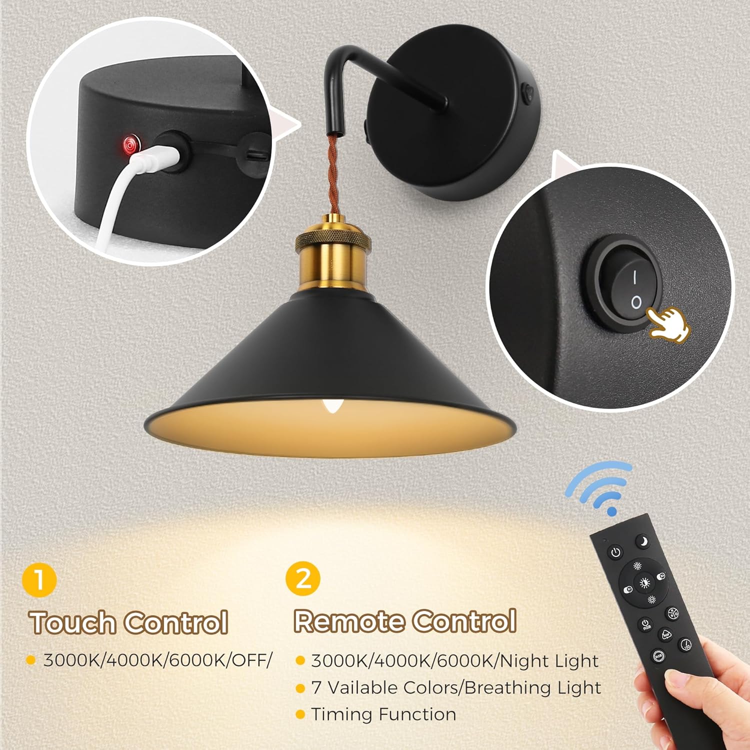 DORESshop Battery Operated Wall Sconce Set of 2, 10000mAh Gold & Black Wireless Rechargeable Wall Lights, Hanging Wire Wall Sconce, 9 Adjustable Sconces Wall Decor for Bedroom Living Room Hallway