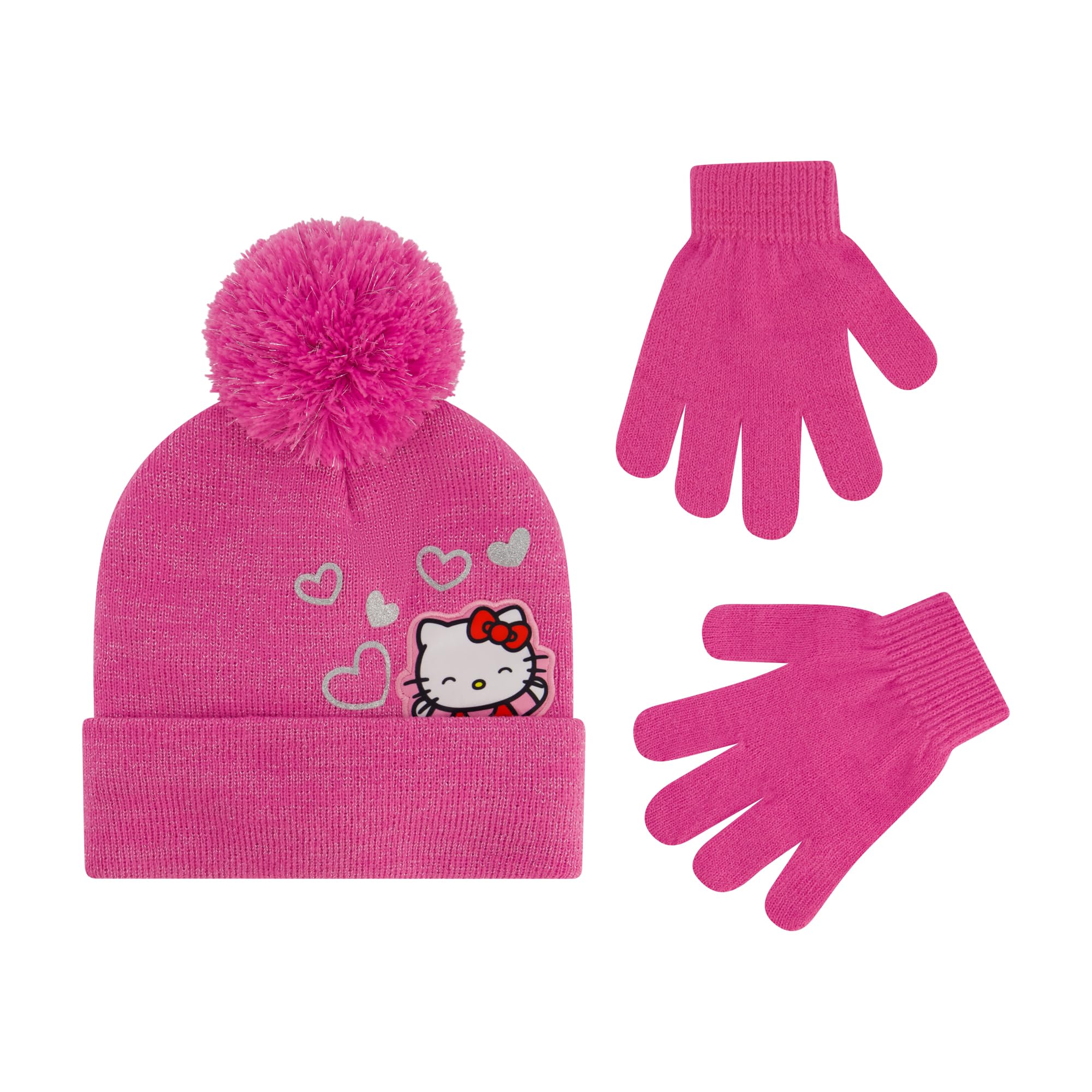 Hello Kitty Girls Beanie Hat and Gloves Set, Cuffed Knit Cap with Pom and Matching Mittens, Pink, One Size