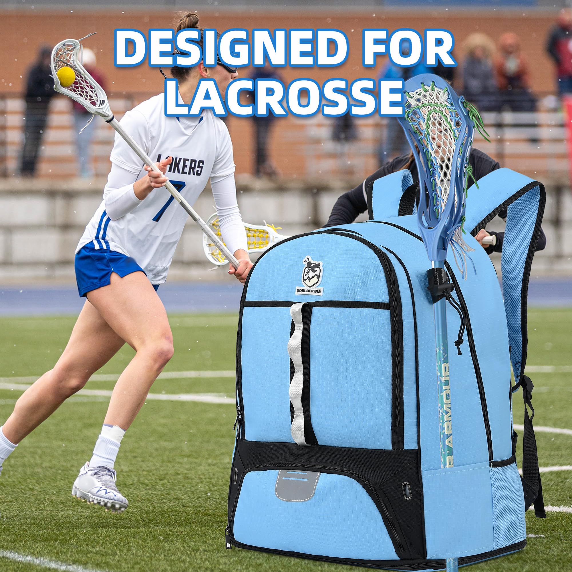 Boulder Bee Lacrosse Backpack with Stick Holders, Field Hockey Bag, Lacrosse Gift for Women (Pink and Blue)