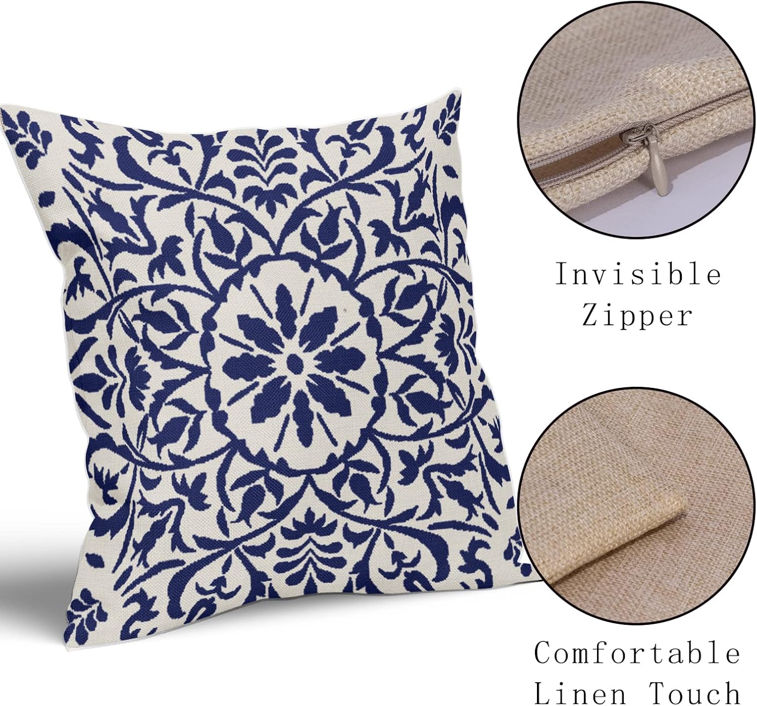 Navy Blue Ethnic Boho Pillow Covers 18 X 18 Inch Bohemian Carpet Style Vintage Navy Flower Print Decorative Throw Pillows Outdoor Linen Square Cushion Case Farmhouse Decor for Home Sofa Bed Set of 2 - Image 4