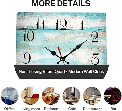 Miniatura 5 de ArtSocket Reloj de pared de madera, silencioso, sin tictac, color azul, verde azulado, blanco, grano de madera, retro, cuadrado, rústico, costero,