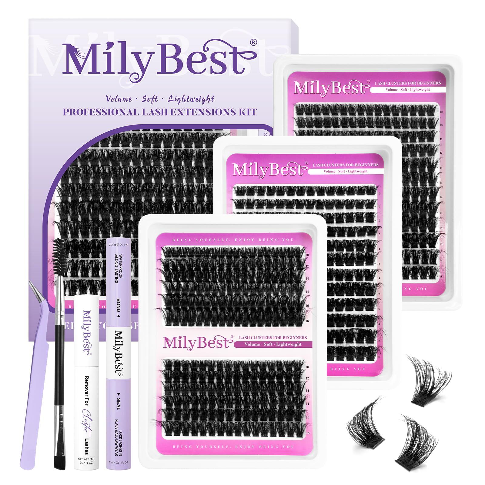 Photo 1 of MilyBest Lash Clusters Kit 564Pcs Eyelash Clusters Lashes Wispy Cluster Eyelash Extensions Kit 3 Styles Fluffy Lashes Clusters 10-18mm Volume DIY Individual Eye Lash Clusters Lash Box with Bond&Seal