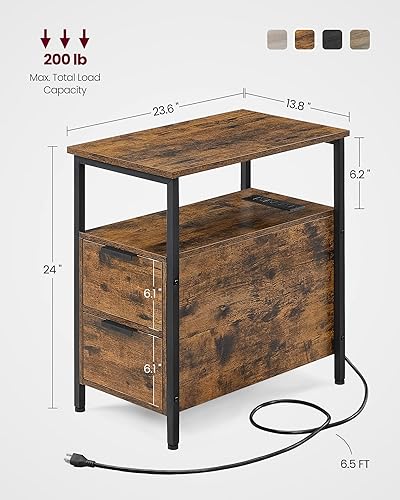 Miniatura 3 de VASAGLE Side End Table with Charging Station, Slim Nightstand with 2 Drawers, Narrow Bedside Table for Living Room, Small Spaces, Rustic Brown and