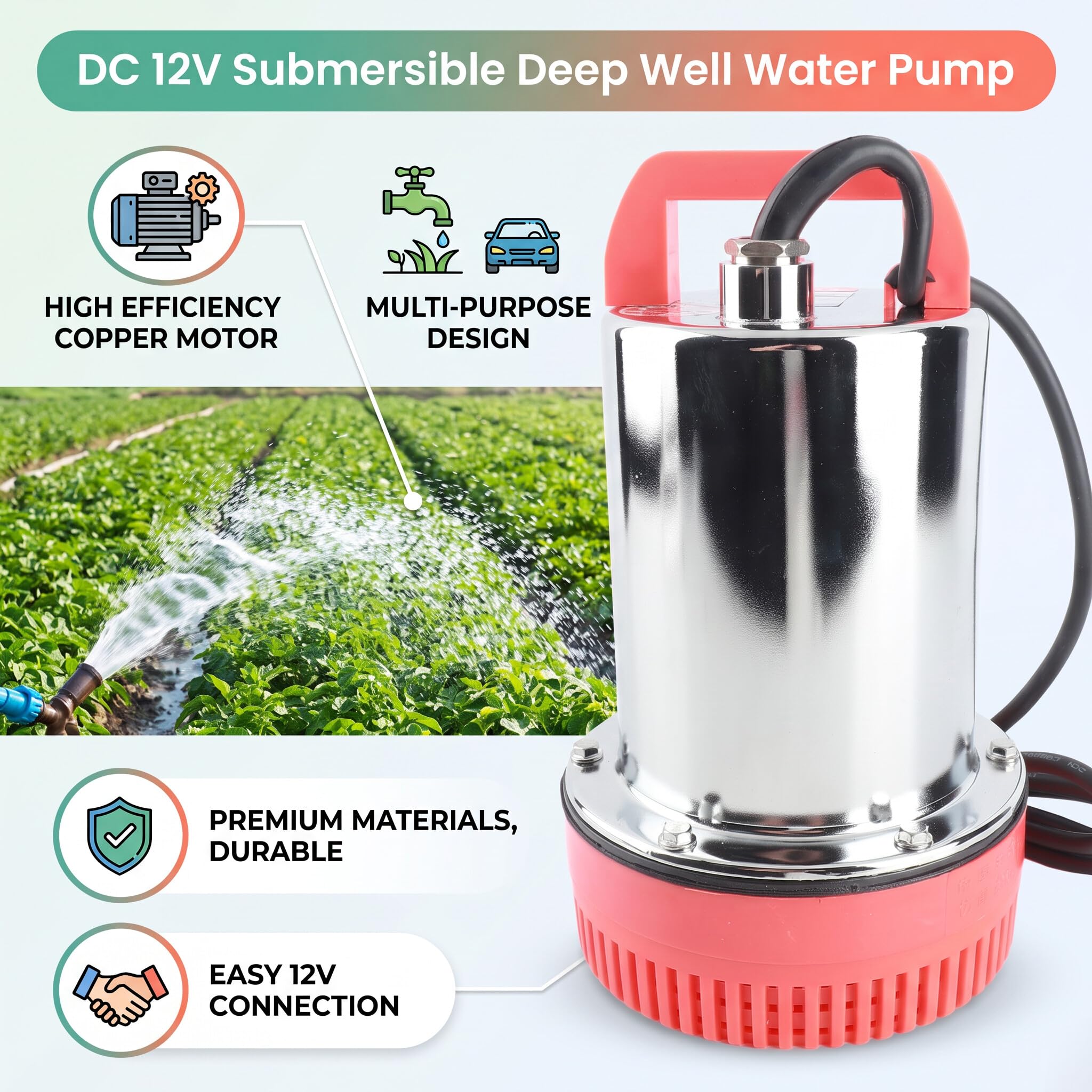 Jeffergarden Pompa Sommergibile DC 12V Uso in Giardino | Pompa per Pozzi Profondi, In Materiale Di Rame, Alta Efficienza, Da 280 W, Per Irrigazione Agricola