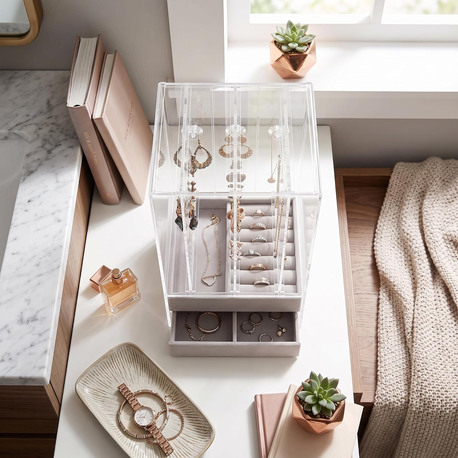 Qinlorgo Acrylic Earring Holder, Transparent Acrylic + Acrylic Holder with 5 Drawers, Drawers Acrylic Earring Holder for Storing Earrings, Necklaces, Rings image 3