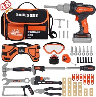 WelcometoMaysida 48PCS Kids Tool Set with Electronic Drill, Tool Bag & Belt - Pretend Play Construction Toys for Ages 3+ Boys Girls