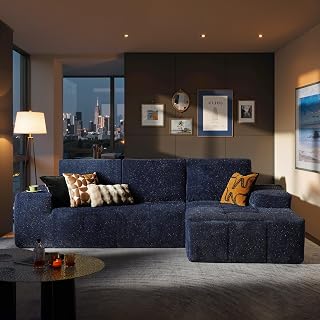 ovios 115" Cloud Boneless Couch with Glitter Fabric, Moudular Sectional Sofa with Deep Seat, No Assembly Required, Modern Minimalist L Shaped Couches with Chaise for Living Room, Blue