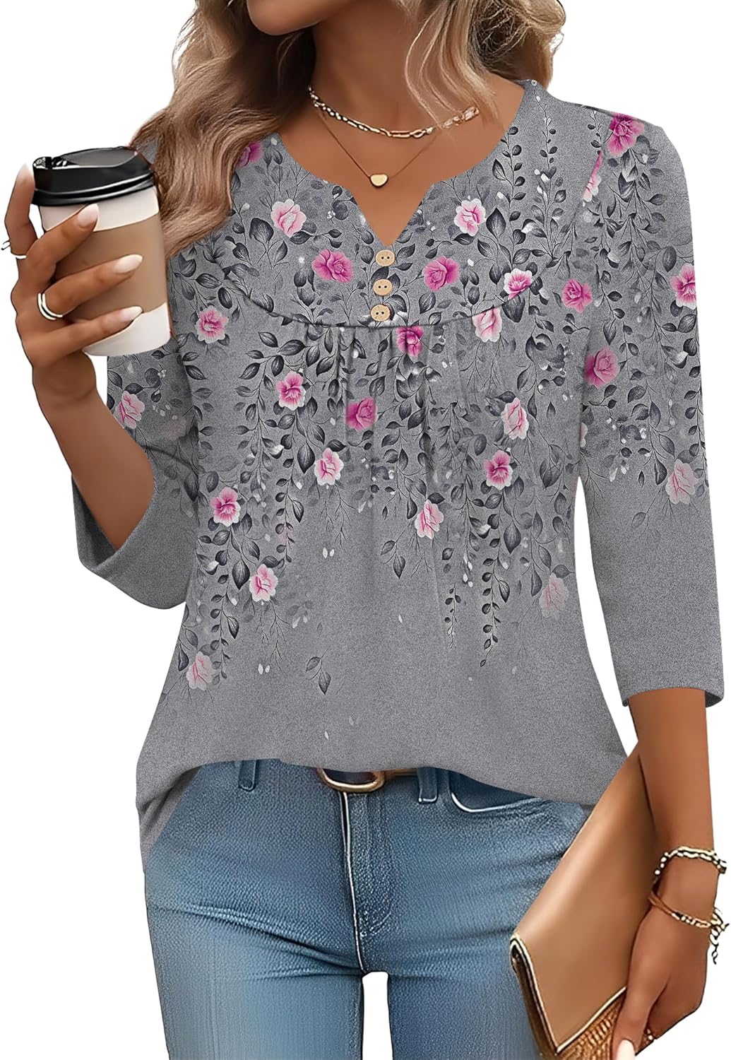 LOMON 3/4 Length Sleeve Womens Tops Dressy Casual Henley V Neck Blouses Loose Fit Tunics 2026 Trendy Summer Outfits - Image 2