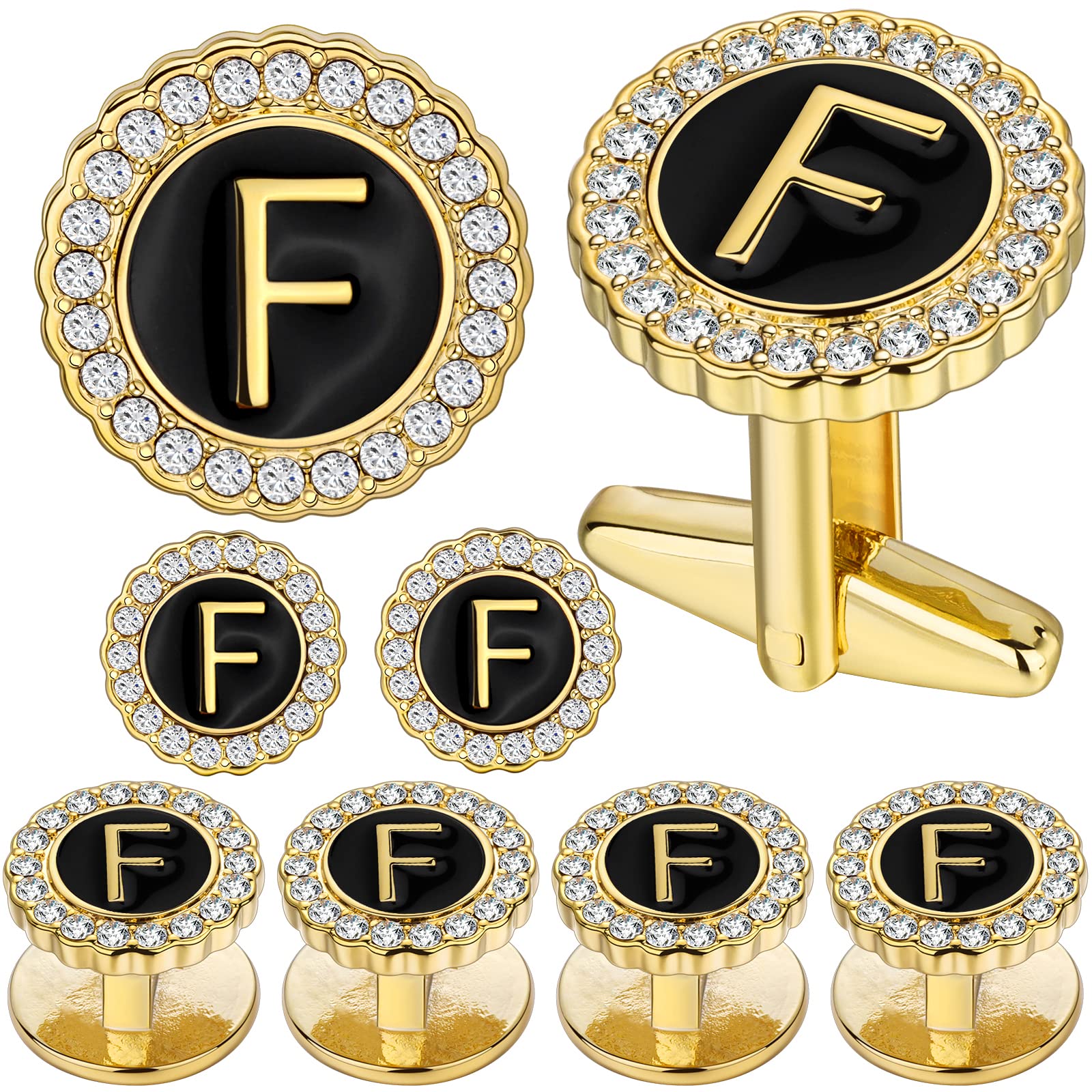 HAWSON 18K Gold Tone Initial Cufflinks for Men with Tuxedo Studs - Gift Boxed, Stylish Men's Jewelry Accessories for Weddings, Birthdays, Anniversaries, Father's Day