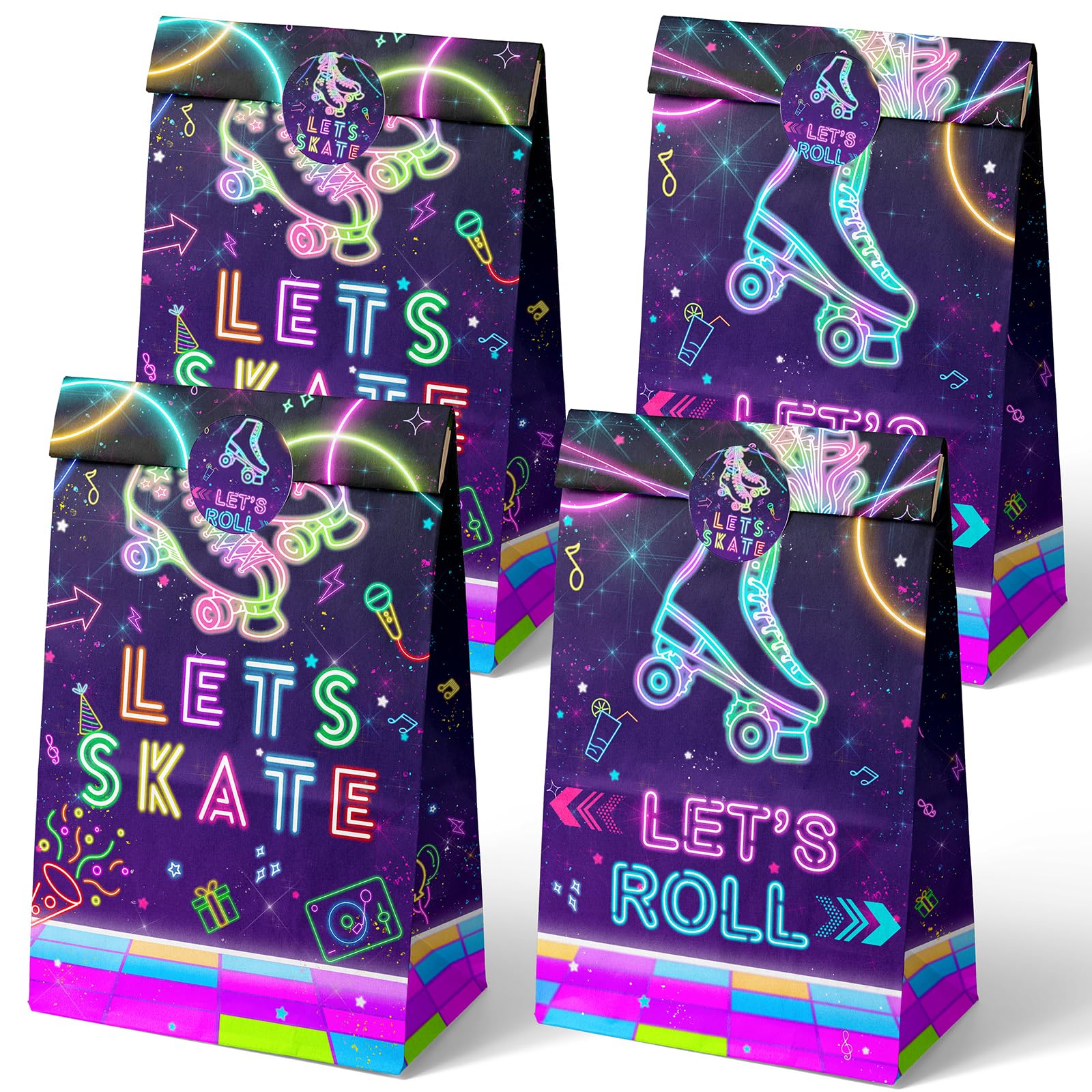 Outego 24 Roller Skating Goodie Bags for Glow Party Birthday, Skate Favor, Neon Party Supplies