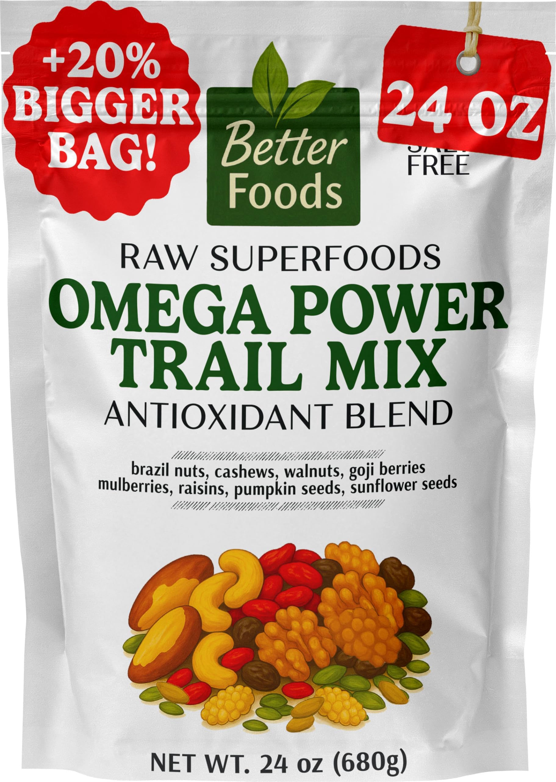 Omega Power Trail Mix - Antioxidant Blend 24oz | Raw Superfoods Nutrient Dense Healthy Snack Vegan Gluten Free Premium Nuts Seeds Healthy Trail Mix Bulk Plant Protein Energy