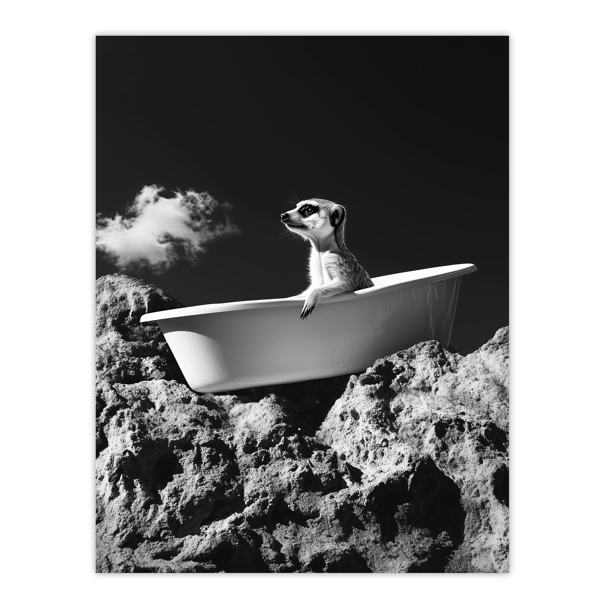 Artery8 Wall Art Print - Surreal Bathtub Meerkat - Grey - W12" x H16"