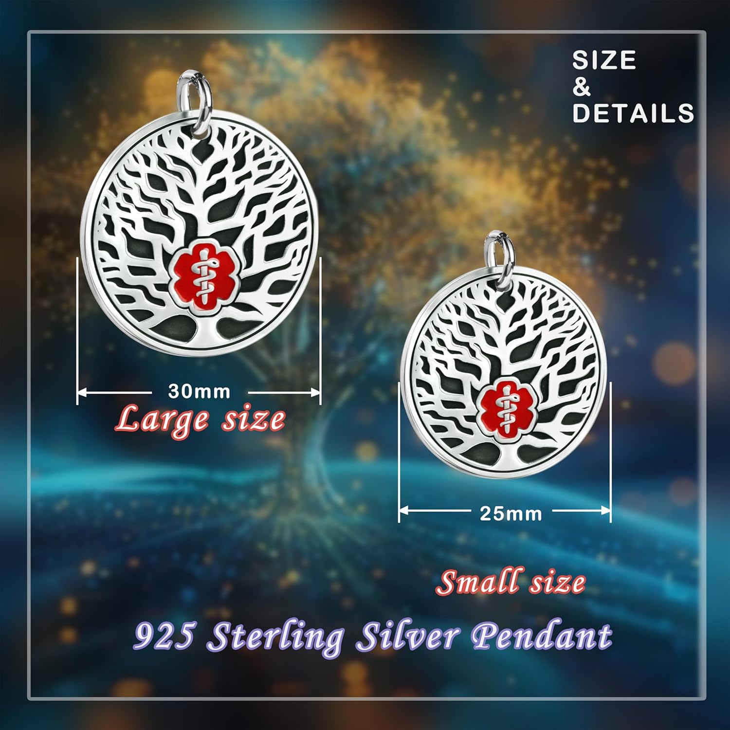 Custom Sterling Silver Medical Alert Necklace for Women Men with Tree of Life Pendant, Free Engraving Emergency Identification Hypoallergenic Medic Dog Tag Personalized ID Alert Jewelry