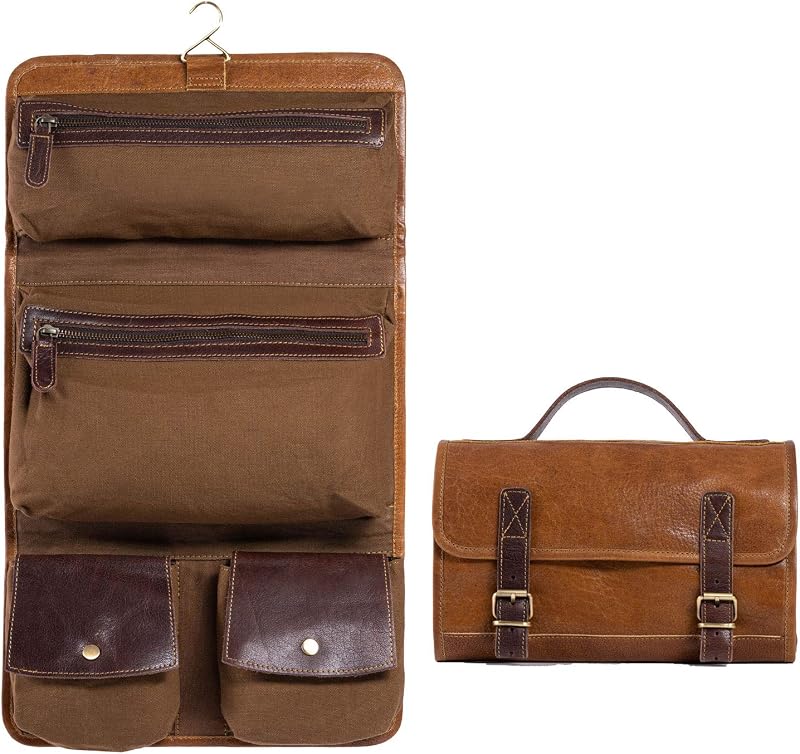 Necessaire suspensa de viagem KomalC em couro de búfalo, com zíperes YKK