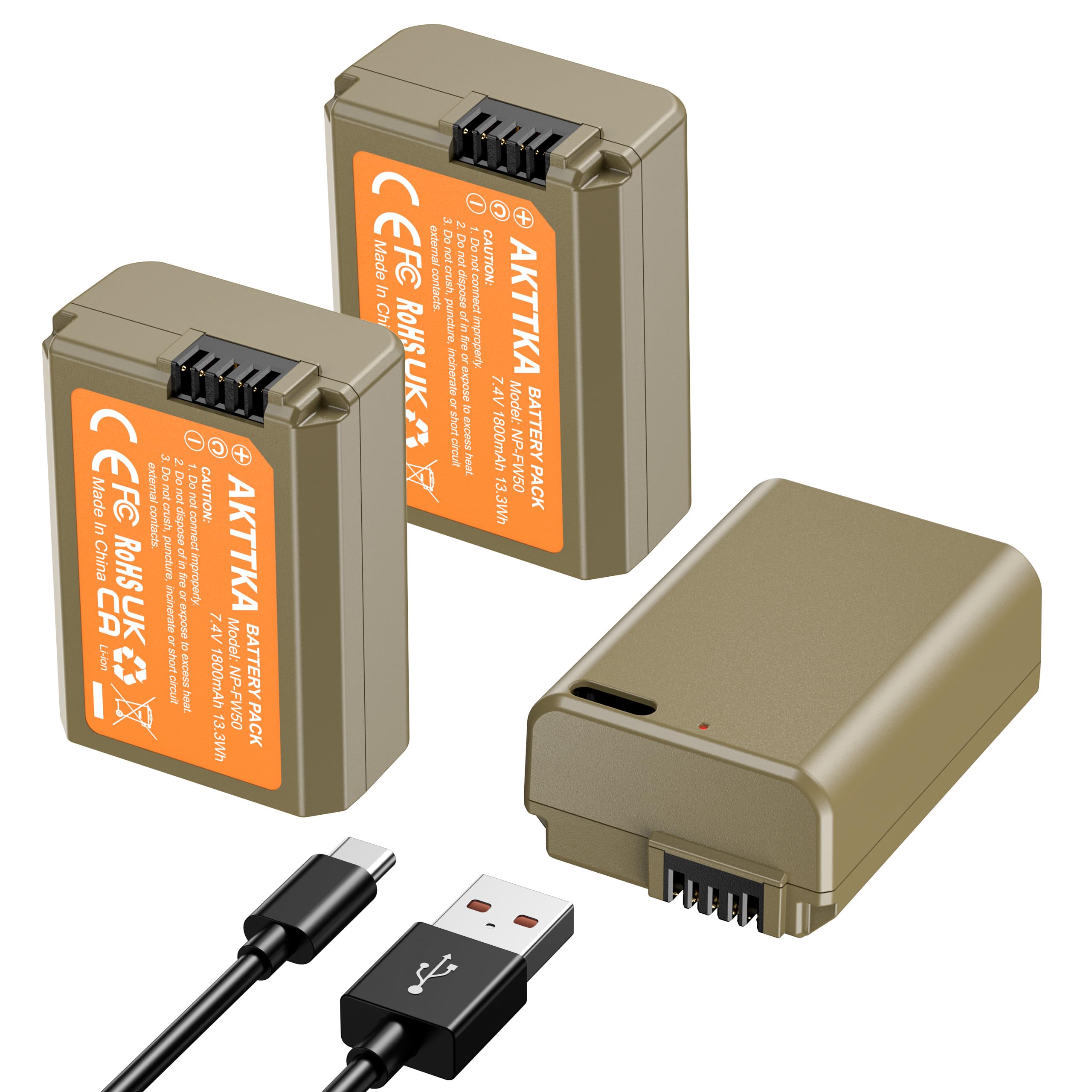 AKTTKA 3 Stuks NP-FW50 1800mAh USB-C Oplaadbare Batterijen met 2-in-1 kabel, Compatibel met Sony A6000, A6300, A6400, A6500, ZV-E10
