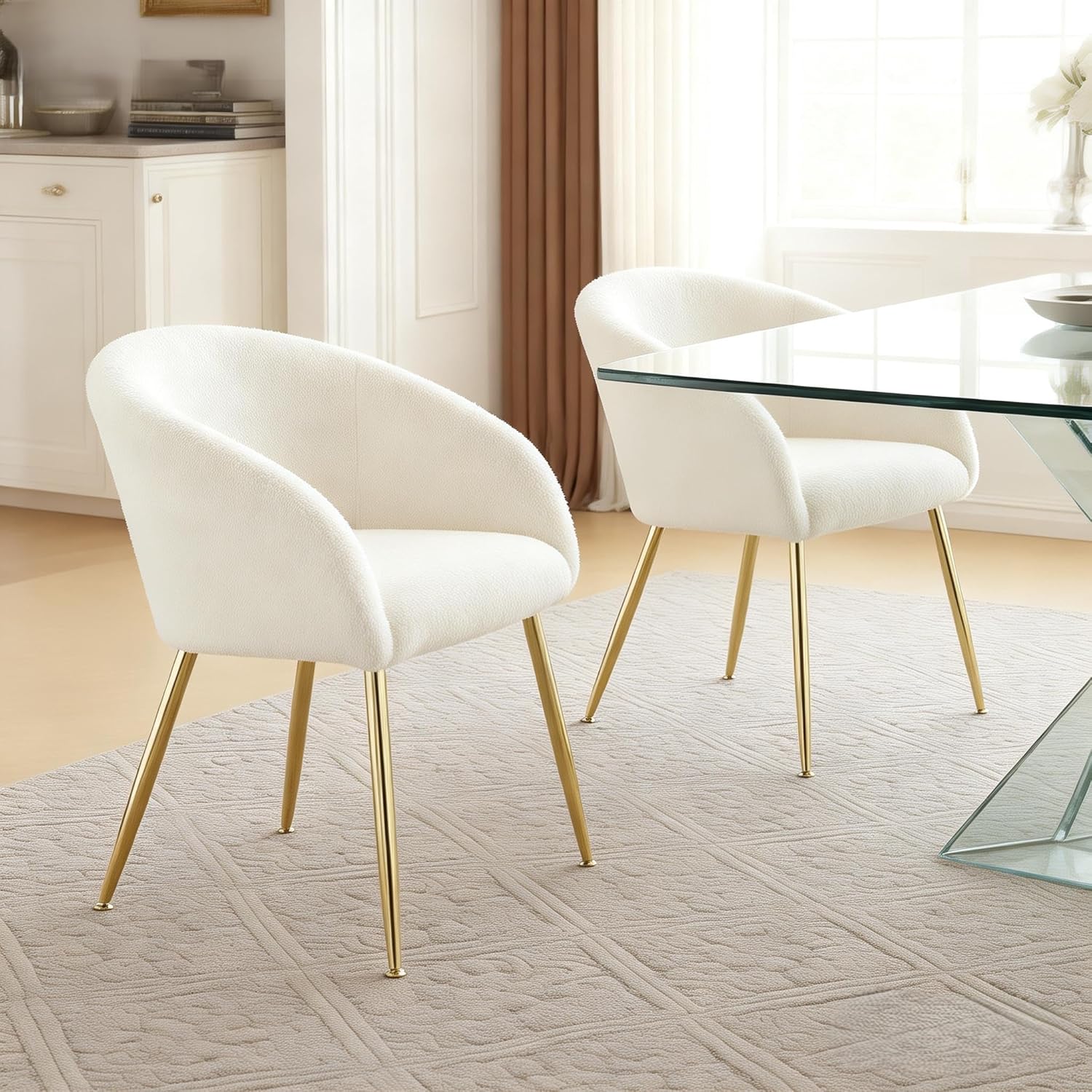 YDcosyfy Modern Small Accent Chair, Comfy Sherpa Makeup Vanity Chair with Golden Metal Legs, Decorative Chair no Wheels for Living Room, Dressing Room, Bedroom, White