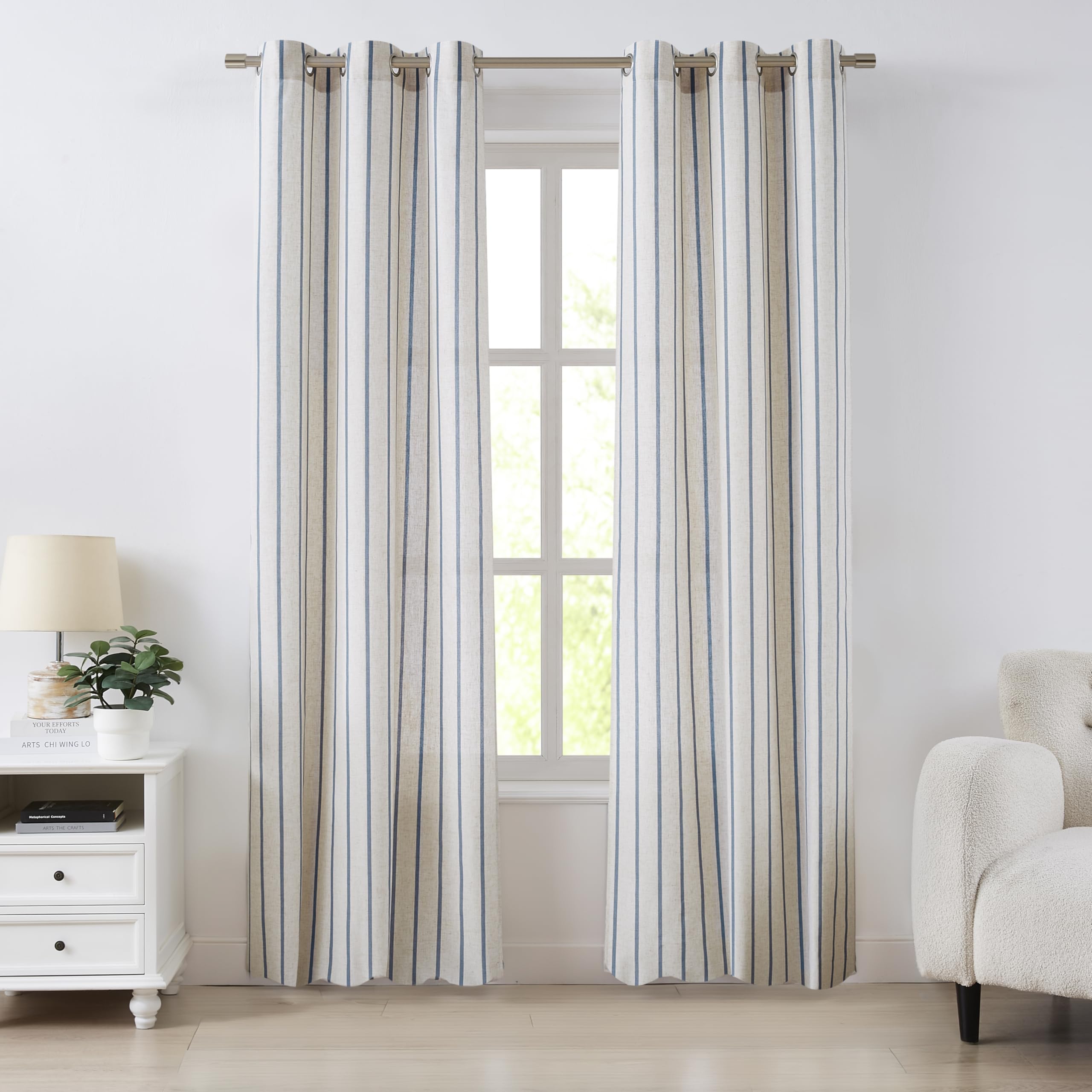 Bapawfish Dusty Blue Stripe Semi Sheer Window Curtain Panels 84 Inches Long